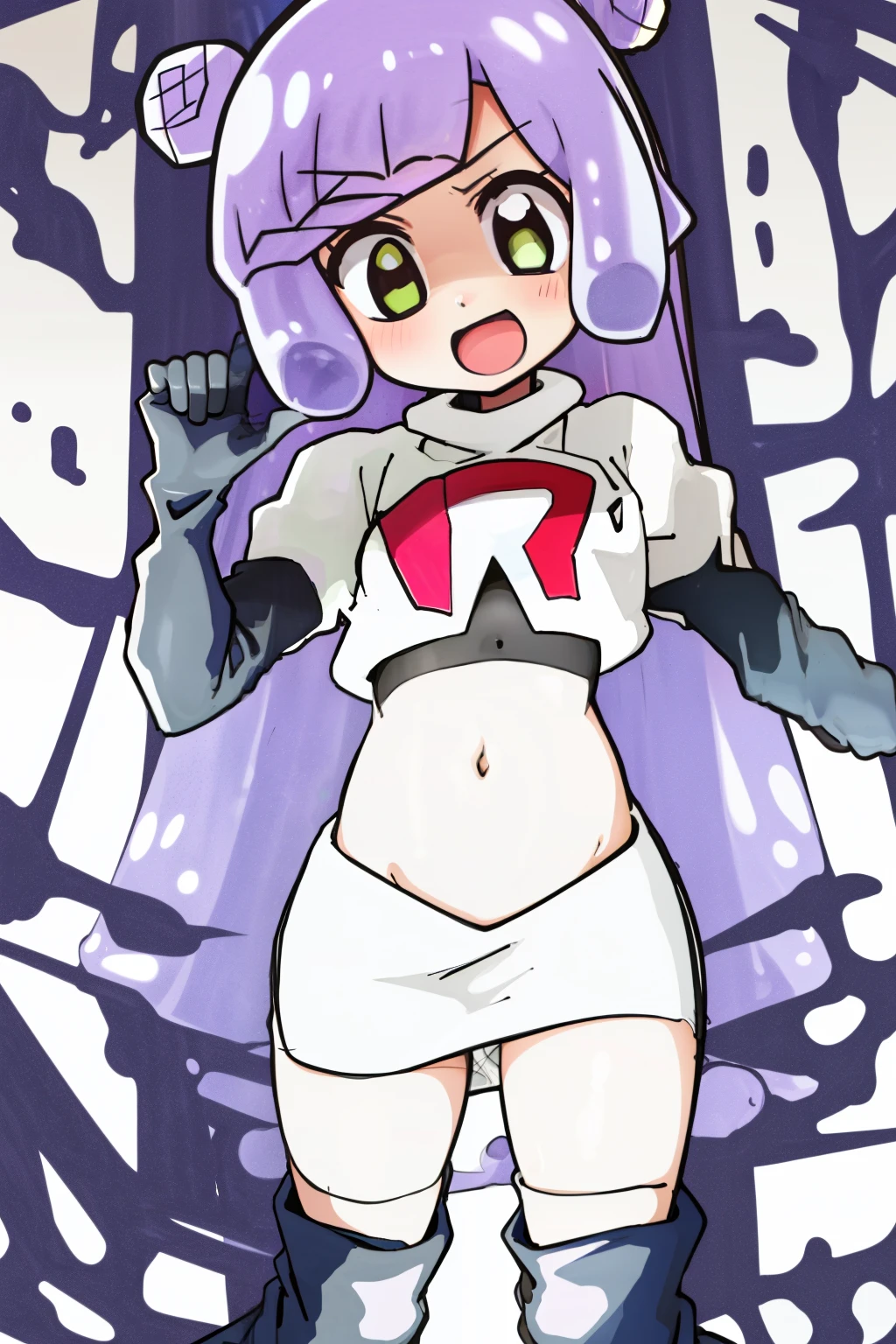 masterpiece, best_quality, 1girl, solo, puniru \(puniru wa kawaii slime\), puniru wa kawaii slime, gradient hair, bangs, green eyes, double bun, mini hat, long hair, team rocket,team rocket uniform,white skirt,red letter R,crop top,black thigh-highs,black elbow gloves,