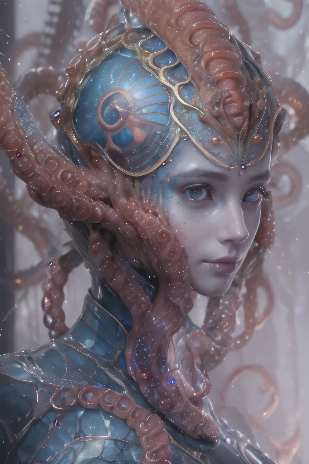 Portrait, (beautiful female alien:1.2), (she has red eyes with no pupils:1.8), (Translucent skin:1.7), (There is a female genital-like organ in the middle of the forehead:1.9), (The most beautiful face in the history of the universe:1.2),an evil gaze that seduces, (large mouth:1.1), (sharp teeth like a vampire:1.2), Full body like, (bio luminescent:1.5), (Smile wickedly:1.3), (sexypose:1.5), alien, No humans, cells are fused, (Lots of translucent tentacles:1.3) extraterrestrial, cell, bio image, Best Quality, 8K,4K_quality, High Definition, Dramatic Lighting, masutepiece:1.5,cinematic quality, detail up, (Intricate details:1.2), High resolution, High Definition, drawing faithfully, (Thick eyebrows:1.2), Beautiful eyes with fine symmetry,(Highly detailed face and eyes:1.2), Intimate face, (Super detailed skin quality feeling:1.4), Perfect Anatomy, (Beautiful toned body:1.5), (Moist skin:1.2), No makeup, (dark circles:1.1), long canines, cinematic drawing of characters, ultra high quality model, cinematic quality, detail up, (Intricate details:1.2), High resolution, High Definition, drawing faithfully, Official art, Unity 8K wall , 8K Portrait, Best Quality, Very High resolution, ultra detailed artistic photography, midnight aura, unreal enginee 5, Ultra Sharp Focus, art by alberto seveso, ArtGerm, Roisch, intricate artwork, best quality, masutepiece, ultra High resolution, (photos realistic:1.4), Ultra-realistic realism, dream-like, nautilus, Creation of fantasy, Snail, Dream Snail, biopunk nautilus, Thrilling color schemes, Ultra-realistic realism, seductively smiling, Blue tentacles,