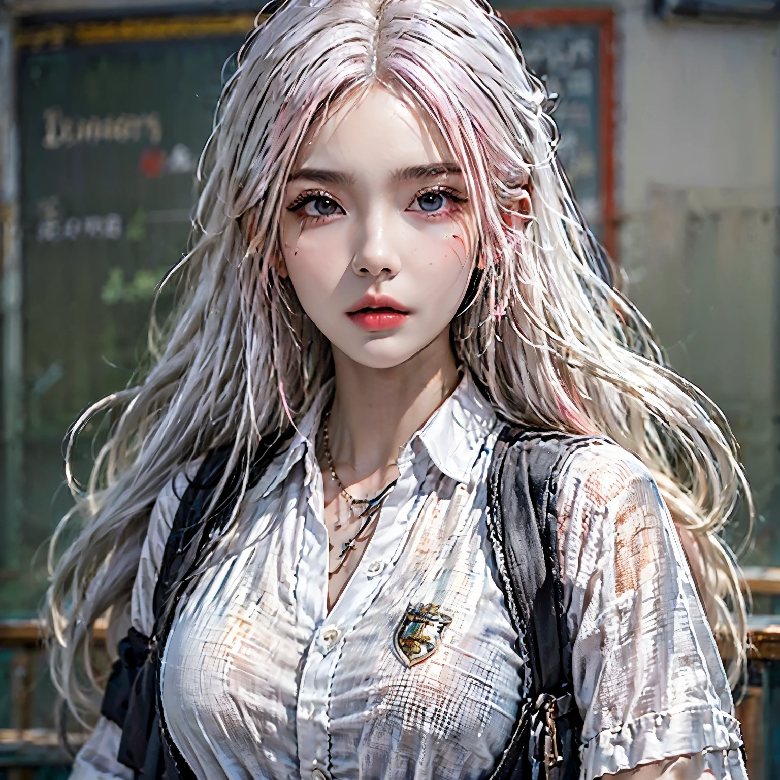 realisticlying, A high resolution, a 1 woman, shiny skins, Alone, Tattooed with, jewely, redish pink lips, long whitr hair, blueneyes, Keep your mouth shut, hip-up, The shirt, shorter pants, 校服, Classroom