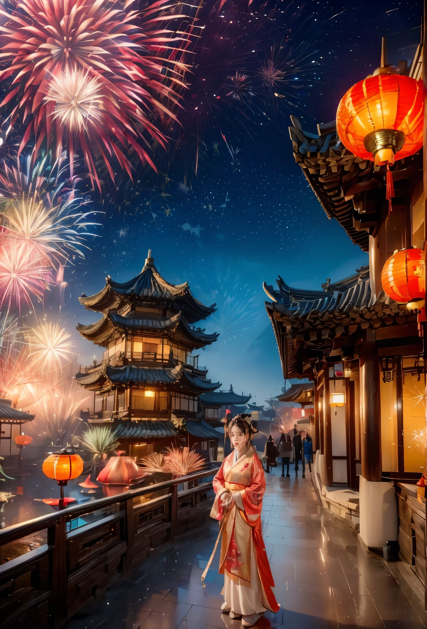 (Faraway view:1.9),The beautiful(Shanghai Yu Garden)Celebrate New Year's Day New Year's Countdown,new year 2024,(fireworks in the night sky:1.5),(((filled with many colorful lanterns and decorations))),((Gorgeous Yu Garden)),((Fireworks bloom)),Beautiful reflection of fireworks and lanterns,a joyful atmosphere,((韩国女孩在Shanghai Yu Garden灯会展示她最美的汉服时尚舞蹈)),(pedestrians),Psychedelic stage,Ethereal atmosphere, (Anatomically correct, Delicate face makeup , pretty face, The face shape is perfectly proportioned),(Advanced facial details:1.1)A collection of shiny blue luxury Hanfu dresses,Gorgeous Hanfu costumes and Hanfu beauties,真实感,Amazing Cleavage, 电影灯光, Sony FE , wide angles, first person perspective, 8K, hyper HD, tmasterpiece, acurate, ctextured skin, high detal, Best quality at best, Award-Awarded,Shoot from a distance,Sense of distance, hanfu