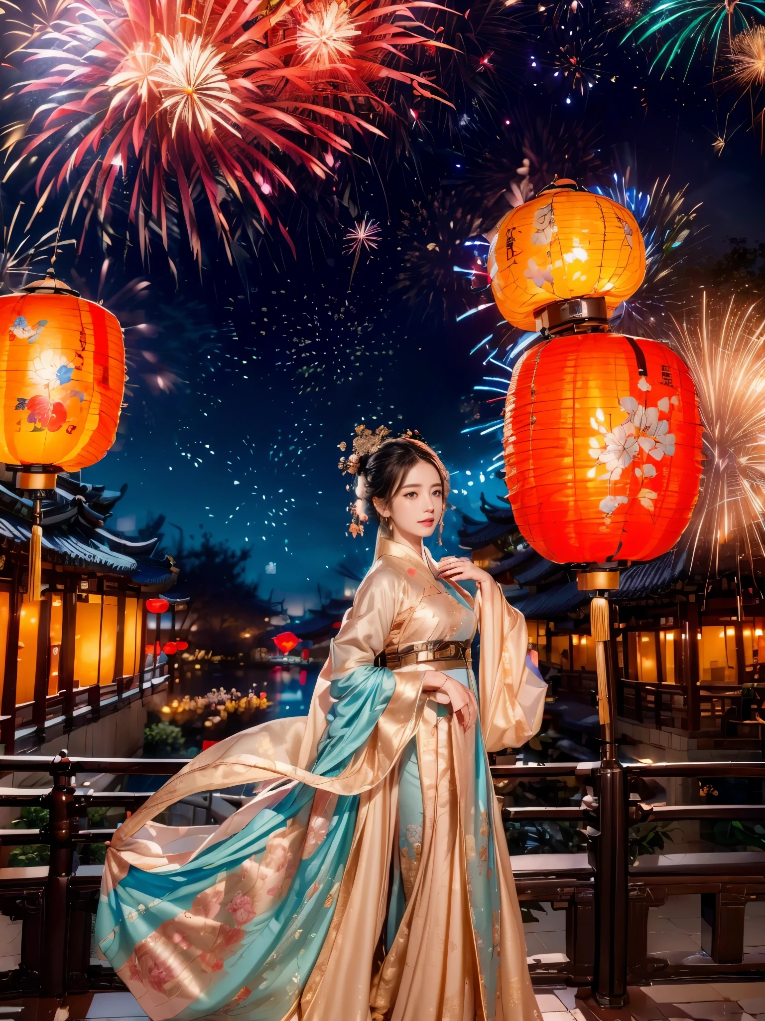 (Faraway view:1.9),The beautiful(Shanghai Yu Garden)Celebrate New Year's Day New Year's Countdown,new year 2024,(fireworks in the night sky:1.5),(((filled with many colorful lanterns and decorations))),((Gorgeous Yu Garden)),((Fireworks bloom)),Beautiful reflection of fireworks and lanterns,a joyful atmosphere,((韩国女孩在Shanghai Yu Garden灯会展示她最美的汉服时尚舞蹈)),(pedestrians),Psychedelic stage,Ethereal atmosphere, (Anatomically correct, Delicate face makeup , pretty face, The face shape is perfectly proportioned),(Advanced facial details:1.1)A collection of shiny blue luxury Hanfu dresses,Gorgeous Hanfu costumes and Hanfu beauties,真实感,Amazing Cleavage, 电影灯光, Sony FE , wide angles, first person perspective, 8K, hyper HD, tmasterpiece, acurate, ctextured skin, high detal, Best quality at best, Award-Awarded,Shoot from a distance,Sense of distance, hanfu