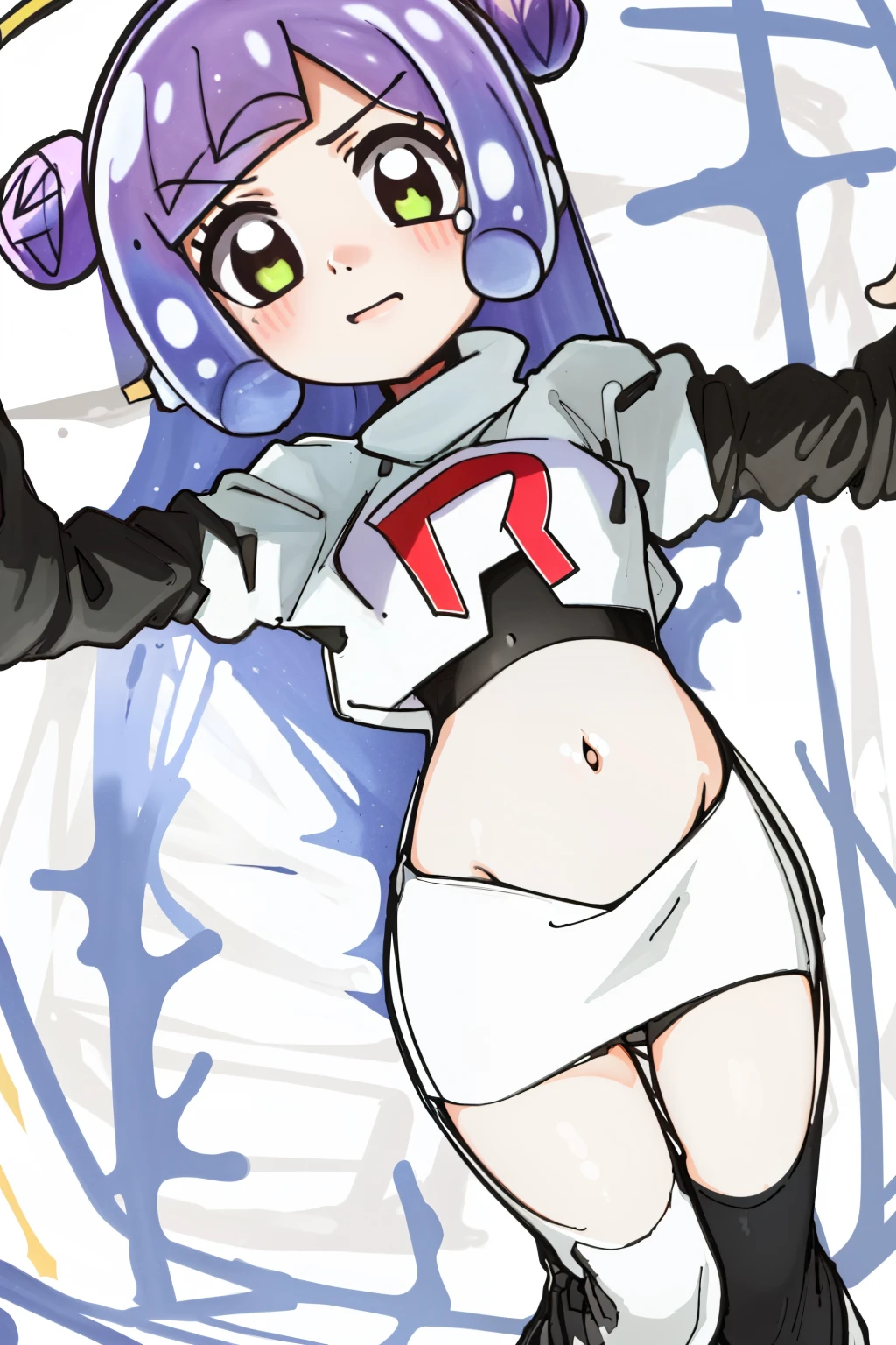 masterpiece, best_quality, 1girl, solo, puniru \(puniru wa kawaii slime\), puniru wa kawaii slime, gradient hair, bangs, green eyes, double bun, mini hat, long hair, team rocket,team rocket uniform,white skirt,red letter R,crop top,black thigh-highs,black elbow gloves,