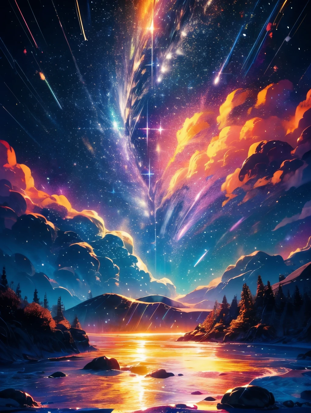 Beautiful gradations, a night sky full of sparkling stars, bright colors of the moon and stars, smooth and glossy textures, a
combination of warm and cool colors, and a fantastic atmosphere.