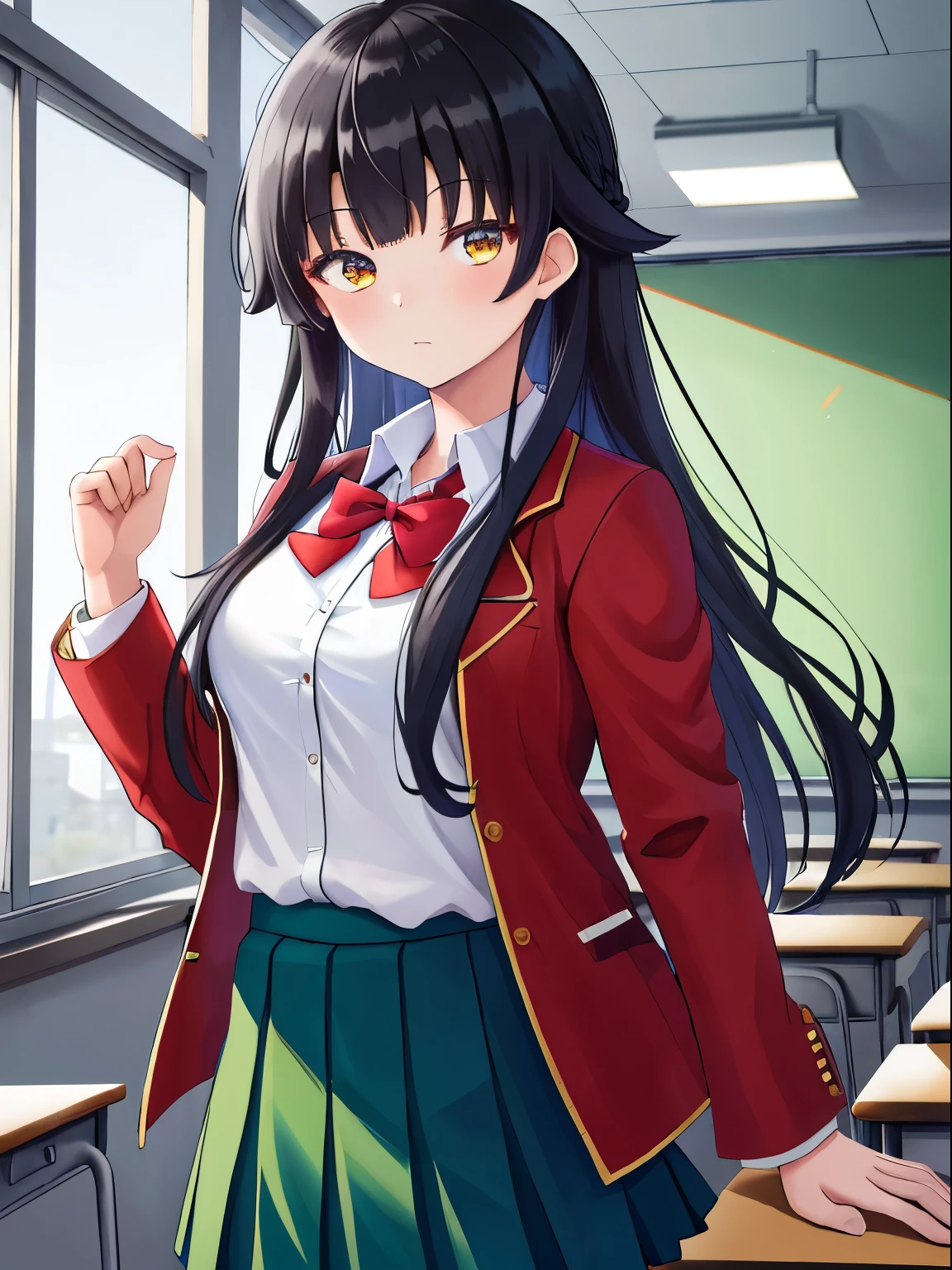 masterpiece, best quality, highres, 1girl, kiyotaka ayanokoji, long hair,braided hair, black hair, medium breasts, school uniform, white shirt, red jacket open jacket, blue bowtie, green skirt, looking at viewer, indoor, classroom