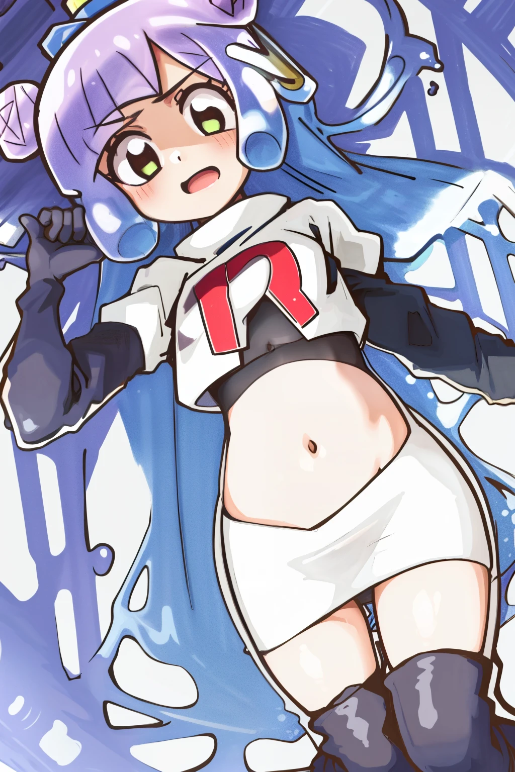 masterpiece, best_quality, 1girl, solo, puniru \(puniru wa kawaii slime\), puniru wa kawaii slime, gradient hair, bangs, green eyes, double bun, mini hat, long hair, team rocket,team rocket uniform,white skirt,red letter R,crop top,black thigh-highs,black elbow gloves,