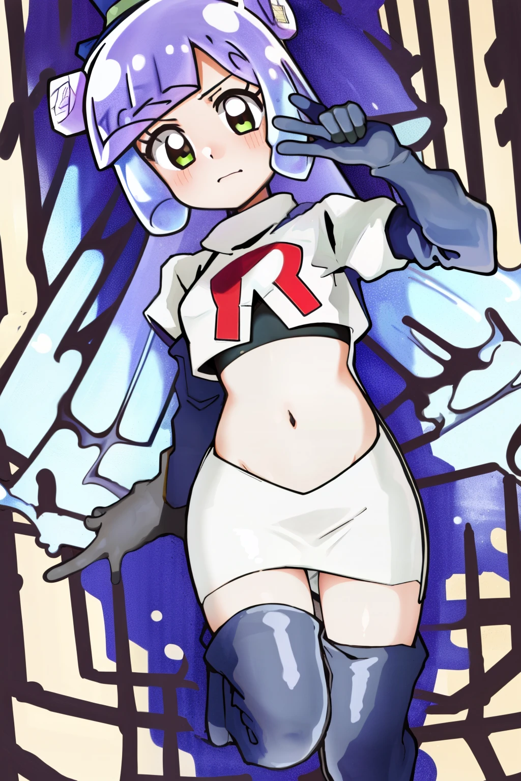 masterpiece, best_quality, 1girl, solo, puniru \(puniru wa kawaii slime\), puniru wa kawaii slime, gradient hair, bangs, green eyes, double bun, mini hat, long hair, team rocket,team rocket uniform,white skirt,red letter R,crop top,black thigh-highs,black elbow gloves,