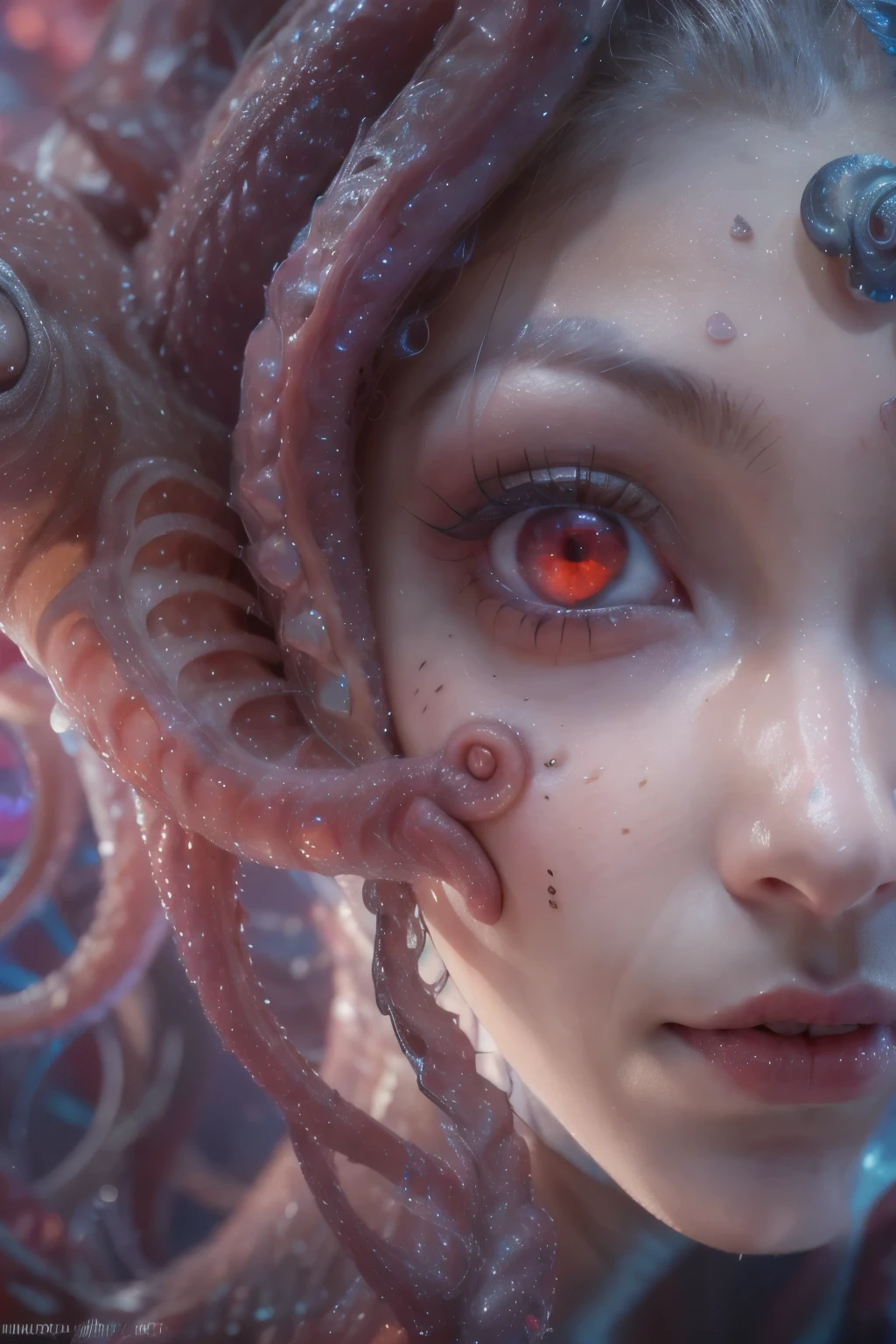 Portrait, (beautiful female alien:1.2), (she has red eyes with no pupils:1.8), (Translucent skin:1.7), (There is a female genital-like organ in the middle of the forehead:1.9), (The most beautiful face in the history of the universe:1.2),an evil gaze that seduces, (large mouth:1.1), (sharp teeth like a vampire:1.2), Full body like, (bio luminescent:1.5), (Smile wickedly:1.3), (sexypose:1.5), alien, No humans, cells are fused, (Lots of translucent tentacles:1.3) extraterrestrial, cell, bio image, Best Quality, 8K,4K_quality, High Definition, Dramatic Lighting, masutepiece:1.5,cinematic quality, detail up, (Intricate details:1.2), High resolution, High Definition, drawing faithfully, (Thick eyebrows:1.2), Beautiful eyes with fine symmetry,(Highly detailed face and eyes:1.2), Intimate face, (Super detailed skin quality feeling:1.4), Perfect Anatomy, (Beautiful toned body:1.5), (Moist skin:1.2), No makeup, (dark circles:1.1), long canines, cinematic drawing of characters, ultra high quality model, cinematic quality, detail up, (Intricate details:1.2), High resolution, High Definition, drawing faithfully, Official art, Unity 8K wall , 8K Portrait, Best Quality, Very High resolution, ultra detailed artistic photography, midnight aura, unreal enginee 5, Ultra Sharp Focus, art by alberto seveso, ArtGerm, Roisch, intricate artwork, best quality, masutepiece, ultra High resolution, (photos realistic:1.4), Ultra-realistic realism, dream-like, nautilus, Creation of fantasy, Snail, Dream Snail, biopunk nautilus, Thrilling color schemes, Ultra-realistic realism, seductively smiling, Blue tentacles,