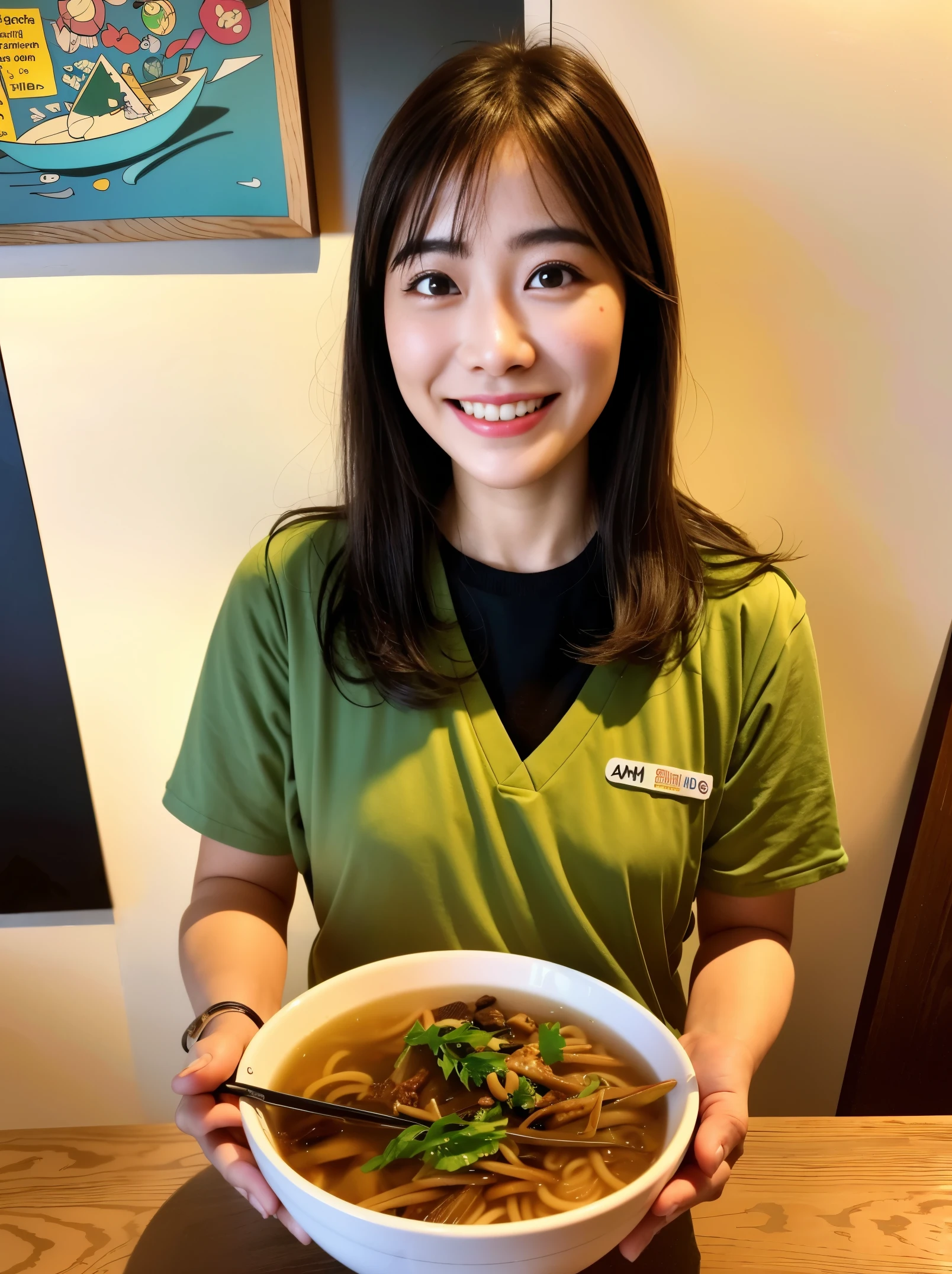 There is a woman bring bowl of noodle, at a the table drinking tea, 奈良美智, chiho, Kimi Takemura, 19-year-old girl, shikamimi, tzuyu from twice, sakimichan, Ayami, deayami kojima, 🚿🗝📝, Chiho Ashima