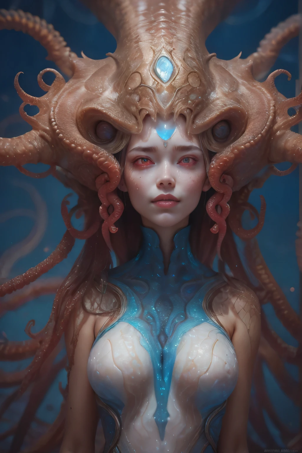 Portrait, (beautiful female alien:1.2), (she has red eyes with no pupils:1.8), (Translucent skin:1.7), (There is a female genital-like organ in the middle of the forehead:1.9), (The most beautiful face in the history of the universe:1.2),an evil gaze that seduces, (large mouth:1.1), (sharp teeth like a vampire:1.2), Full body like, (bio luminescent:1.5), (Smile wickedly:1.3), (sexypose:1.5), alien, No humans, cells are fused, (Lots of translucent tentacles:1.3) extraterrestrial, cell, bio image, Best Quality, 8K,4K_quality, High Definition, Dramatic Lighting, masutepiece:1.5,cinematic quality, detail up, (Intricate details:1.2), High resolution, High Definition, drawing faithfully, (Thick eyebrows:1.2), Beautiful eyes with fine symmetry,(Highly detailed face and eyes:1.2), Intimate face, (Super detailed skin quality feeling:1.4), Perfect Anatomy, (Beautiful toned body:1.5), (Moist skin:1.2), No makeup, (dark circles:1.1), long canines, cinematic drawing of characters, ultra high quality model, cinematic quality, detail up, (Intricate details:1.2), High resolution, High Definition, drawing faithfully, Official art, Unity 8K wall , 8K Portrait, Best Quality, Very High resolution, ultra detailed artistic photography, midnight aura, unreal enginee 5, Ultra Sharp Focus, art by alberto seveso, ArtGerm, Roisch, intricate artwork, best quality, masutepiece, ultra High resolution, (photos realistic:1.4), Ultra-realistic realism, dream-like, nautilus, Creation of fantasy, Snail, Dream Snail, biopunk nautilus, Thrilling color schemes, Ultra-realistic realism, seductively smiling, Blue tentacles,
