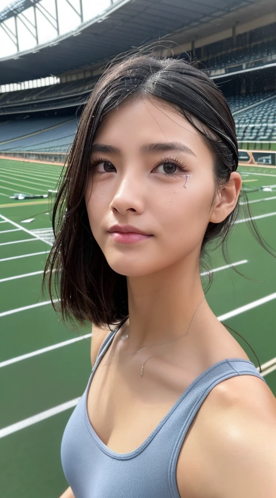 1人の女性、8k、RAW Photography、(top-quality、masterpiece、intricate detailes: 1.4)、(realisitic、フォトreallistic: 1.3)、(reallistic: 1.3)、フォトreallistic、 Female track and field athletes in Japan、((rainy days))、((Woman on track in stadium:1.8))、(Beauty like an actress in Japan)、(Heavy rain)、((Tank top for a sheer track and field team))、(Tank top of the track and field team in light color)、(Tank top of the track and field team that gets wet from the rain and shows through the skin)、Track and field team tank top that sticks to the skin wet from the rain、Wet colored bloomers、(wetting hair)、(Wet bangs)、wetted skin、(nipple protrusions that can be seen through)、(Detailed nipples) 、30-years old、(Small face:1.5)、(tense look)、Light makeup、Thin eyebrows、 detailed and beautiful faces、A detailed eye、(Tear bag:1.5)、detailed finger、detailed legs、Detailed skin、medium chest、Lustrous hair、Lustrous skin、Wet and drippy hair、Wet and drippy skin、Tank top of the track and field team with wet and dripping water