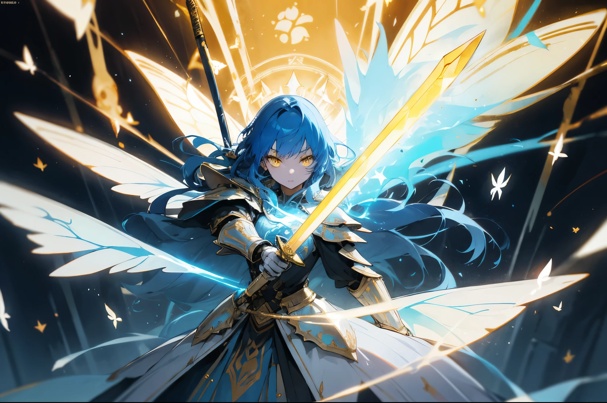Fantastical,epic,Illustration in movie poster style,dark-blue hair,A girl stands on armor,wielding a sword,With dynamic and magical backgroundeaturing prominent and well-designed typographic elements,The stands up,Self-confident,Steadfast,wielding a sword,epic标题,an enchanted forest,Glowing runic ancient writing,Golden eyes,glowing light eyes,glowing light eyes,glowing light eyes,Dark Department,White gold armor,Zodiac signs,incredulous,Golden butterfly wings,Golden crown