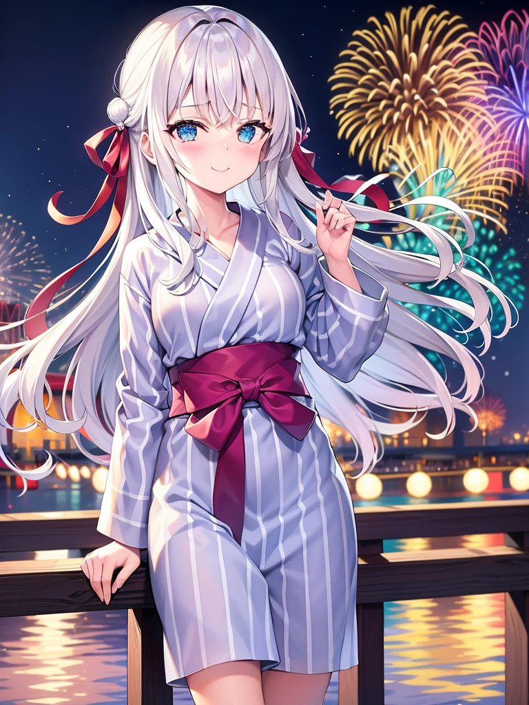 1girl, solo, ribbon, white hair, hair ribbon, bangs, red ribbon, blush, tsundere, Alya-roshidere, 8K, Night, Shooting Star, Clouds, Floral Yukata, Yukata, 25 years old, Bright Colorireworks: 1.4), (New Year: 1.1), (Festival: 1.1), (Sharp Focus: 1.2), (Cowboy Shot: 1.2), (light smile: 1.1), Bridge, Overlooking the Lake, (Water Reflection: 1.2), Glitter, Floating Particle, Colorful Particle, Lots of Fireworks, cracker in hands