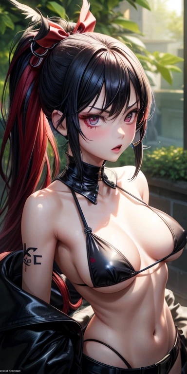 realistisch, 1人, keine kleidung, naked, schwarzes Haar, lila Augen, leuchtende Augen, nackt, open lips, Rouge, Nacht, Blumen, Sonne, Sonnenlicht, boobs, punk, goth, ponytail, cute face, serious expression, 4k, cocky
