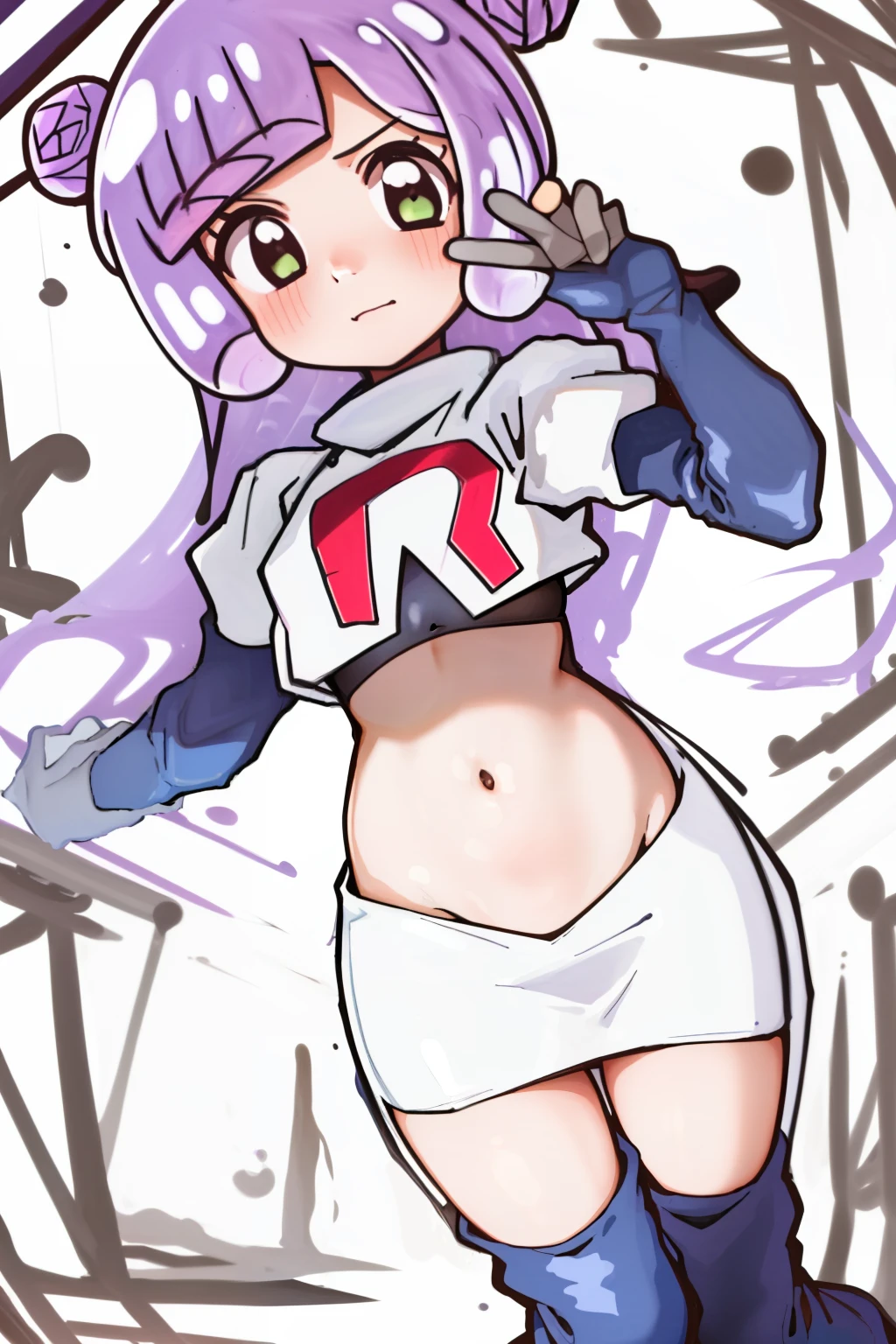 masterpiece, best_quality, 1girl, solo, puniru \(puniru wa kawaii slime\), puniru wa kawaii slime, gradient hair, bangs, green eyes, double bun, mini hat, long hair, team rocket,team rocket uniform,white skirt,red letter R,crop top,black thigh-highs,black elbow gloves,