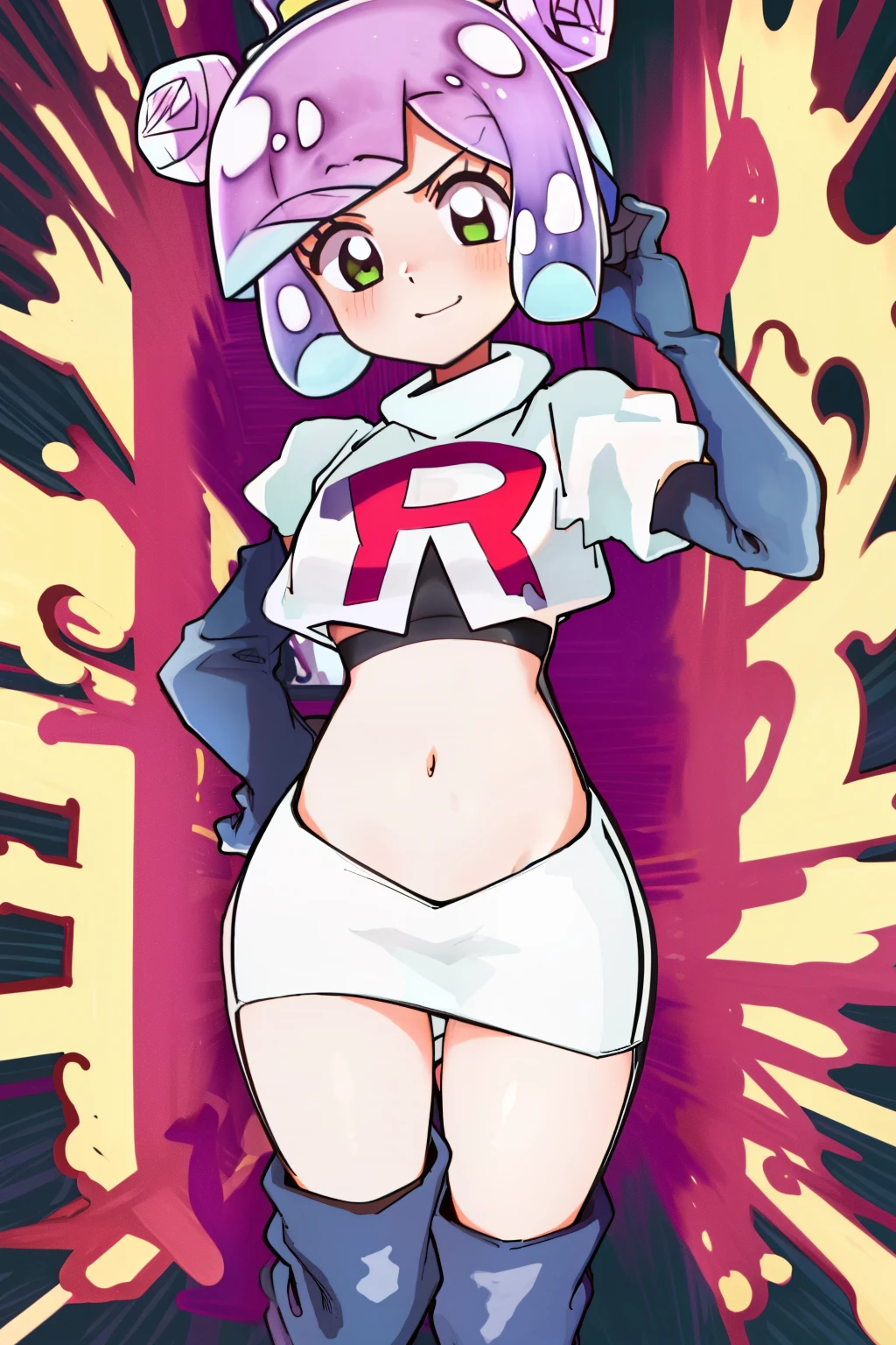 masterpiece, best_quality, 1girl, solo, puniru \(puniru wa kawaii slime\), puniru wa kawaii slime, gradient hair, bangs, green eyes, double bun, mini hat, long hair, team rocket,team rocket uniform,white skirt,red letter R,crop top,black thigh-highs,black elbow gloves,