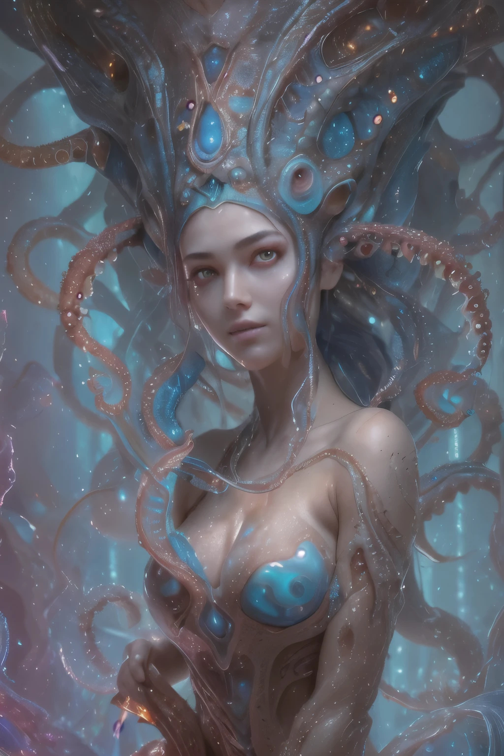 Portrait, (beautiful female alien:1.2), (she has red eyes with no pupils:1.8), (Translucent skin:1.7), (There is a female genital-like organ in the middle of the forehead:1.9), (The most beautiful face in the history of the universe:1.2),an evil gaze that seduces, (large mouth:1.1), (sharp teeth like a vampire:1.2), Full body like, (bio luminescent:1.5), (Smile wickedly:1.3), (sexypose:1.5), alien, No humans, cells are fused, (Lots of translucent tentacles:1.3) extraterrestrial, cell, bio image, Best Quality, 8K,4K_quality, High Definition, Dramatic Lighting, masutepiece:1.5,cinematic quality, detail up, (Intricate details:1.2), High resolution, High Definition, drawing faithfully, (Thick eyebrows:1.2), Beautiful eyes with fine symmetry,(Highly detailed face and eyes:1.2), Intimate face, (Super detailed skin quality feeling:1.4), Perfect Anatomy, (Beautiful toned body:1.5), (Moist skin:1.2), No makeup, (dark circles:1.1), long canines, cinematic drawing of characters, ultra high quality model, cinematic quality, detail up, (Intricate details:1.2), High resolution, High Definition, drawing faithfully, Official art, Unity 8K wall , 8K Portrait, Best Quality, Very High resolution, ultra detailed artistic photography, midnight aura, unreal enginee 5, Ultra Sharp Focus, art by alberto seveso, ArtGerm, Roisch, intricate artwork, best quality, masutepiece, ultra High resolution, (photos realistic:1.4), Ultra-realistic realism, dream-like, nautilus, Creation of fantasy, Snail, Dream Snail, biopunk nautilus, Thrilling color schemes, Ultra-realistic realism, seductively smiling, Blue tentacles,