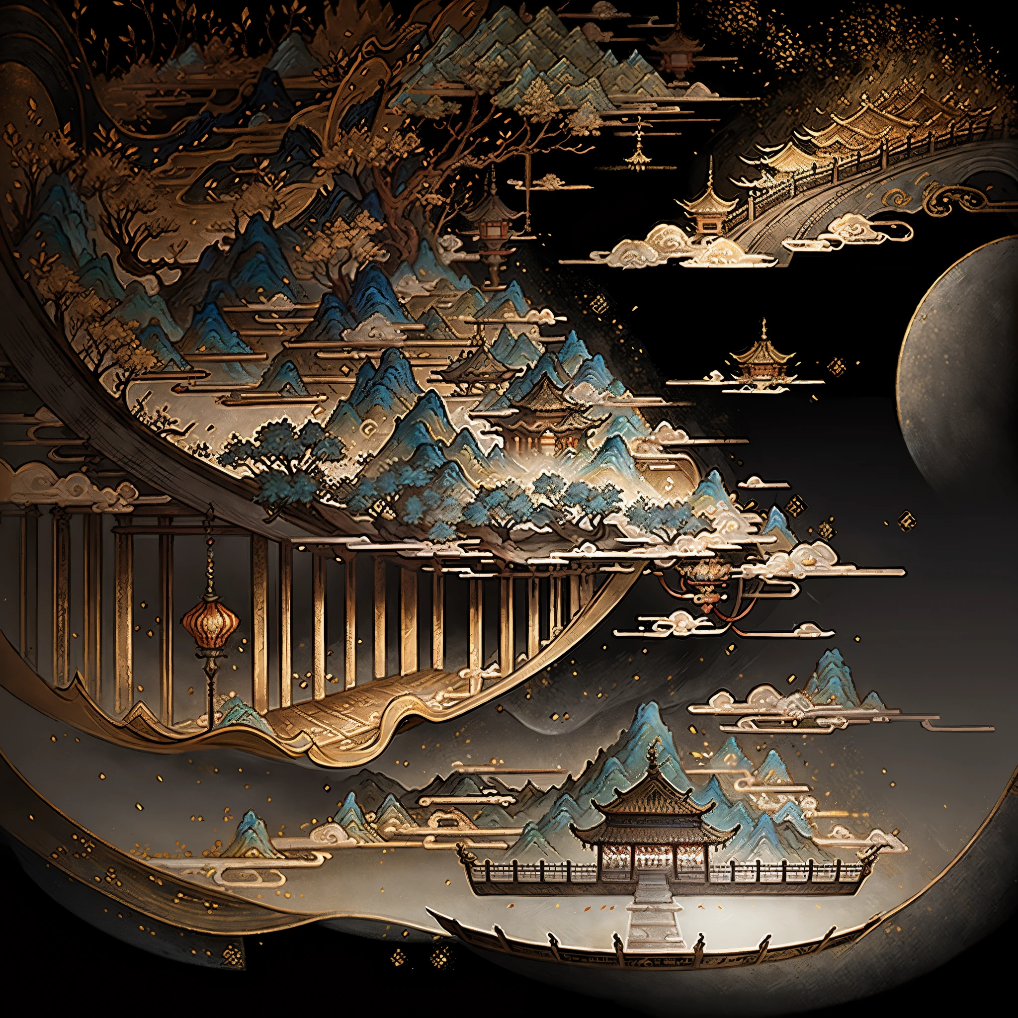 An ancient Chinese painting, ancient Chinese background, mountains, rivers, auspicious clouds, pavilions, sunshine, masterpieces, super detail, epic composition, ultra HD, high quality, extremely detailed, official art, unified 8k wallpaper, Super detail, 32k -- v 6
