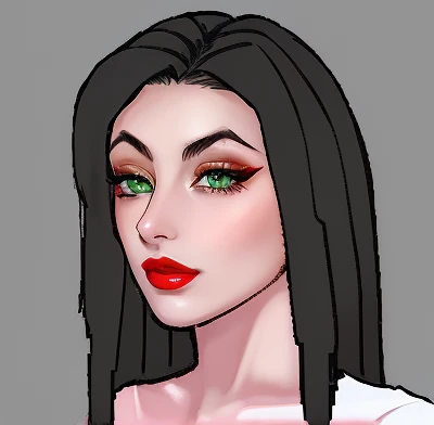 eyelaner , green eyes , ,black shiny long hair, , shiny blush , red lipstick , oiled face