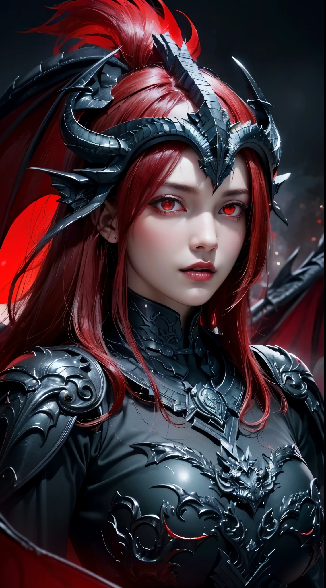 (UHD, retina, masterpiece, accurate, anatomically correct, textured skin, super detail, high details, high quality, best quality, high res, 1080P, HD, 4K, 8k, 16k), (beautiful detailed eyes, beautiful detailed lips, extremely detailed eyes and face), soft lighting, physically-based rendering, vivid colors, (large breasts:1.5), (portrait, shiny hair, shiny skin), eye reflection, (bokeh, dark background), (black color, dragon helmet, dragon wings, dragon tail, spark, red hair:1.5), ((red glowing eyes, parted lips:1.5)),