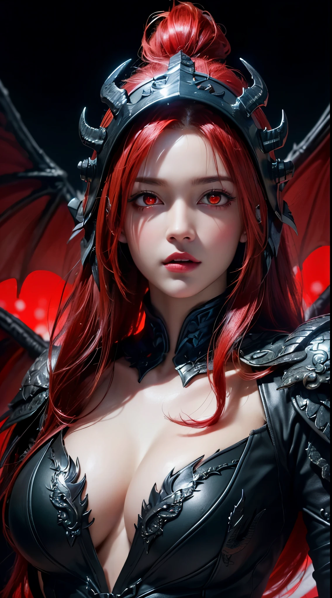 (UHD, retina, masterpiece, accurate, anatomically correct, textured skin, super detail, high details, high quality, best quality, high res, 1080P, HD, 4K, 8k, 16k), (beautiful detailed eyes, beautiful detailed lips, extremely detailed eyes and face), soft lighting, physically-based rendering, vivid colors, (large breasts:1.5), (portrait, shiny hair, shiny skin), eye reflection, (bokeh, dark background), (black color, dragon helmet, dragon wings, dragon tail, fog, red hair:1.5), ((red glowing eyes, parted lips:1.5)),