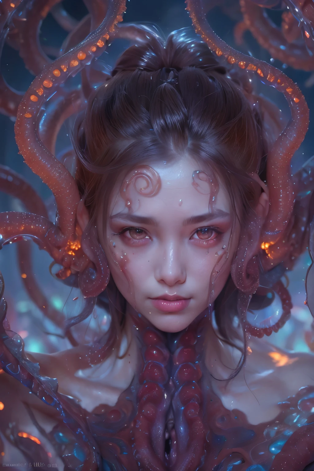 Portrait, (beautiful female alien:1.2), (she has red eyes with no pupils:1.8), (Translucent skin:1.7), (There is a female genital-like organ in the middle of the forehead:1.9), (The most beautiful face in the history of the universe:1.2),an evil gaze that seduces, (large mouth:1.1), (sharp teeth like a vampire:1.2), Full body like, (bio luminescent:1.5), (Smile wickedly:1.3), (sexypose:1.5), alien, No humans, cells are fused, (Lots of translucent tentacles:1.3) extraterrestrial, cell, bio image, Best Quality, 8K,4K_quality, High Definition, Dramatic Lighting, masutepiece:1.5,cinematic quality, detail up, (Intricate details:1.2), High resolution, High Definition, drawing faithfully, (Thick eyebrows:1.2), Beautiful eyes with fine symmetry,(Highly detailed face and eyes:1.2), Intimate face, (Super detailed skin quality feeling:1.4), Perfect Anatomy, (Beautiful toned body:1.5), (Moist skin:1.2), No makeup, (dark circles:1.1), long canines, cinematic drawing of characters, ultra high quality model, cinematic quality, detail up, (Intricate details:1.2), High resolution, High Definition, drawing faithfully, Official art, Unity 8K wall , 8K Portrait, Best Quality, Very High resolution, ultra detailed artistic photography, midnight aura, unreal enginee 5, Ultra Sharp Focus, art by alberto seveso, ArtGerm, Roisch, intricate artwork, best quality, masutepiece, ultra High resolution, (photos realistic:1.4), Ultra-realistic realism, dream-like, nautilus, Creation of fantasy, Snail, Dream Snail, biopunk nautilus, Thrilling color schemes, Ultra-realistic realism, seductively smiling, Blue tentacles,