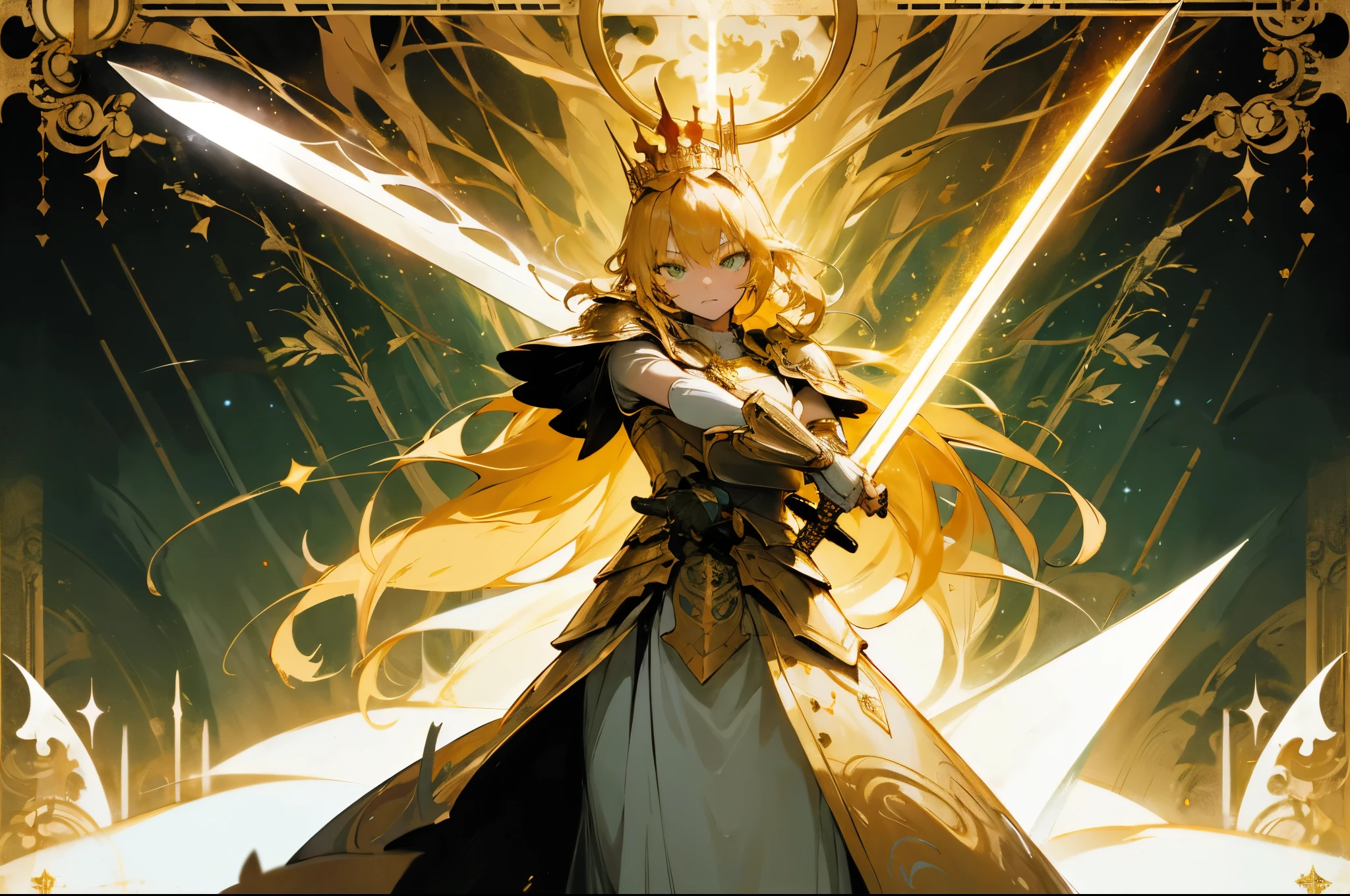 Fantastical，epic，Illustration in movie poster style，Golden hair，A girl stands on armor，wielding a sword，With dynamic and magical backgroundeaturing prominent and well-designed typographic elements，The stands up，Self-confident，Steadfast，wielding a sword，epic标题，an enchanted forest，Glowing runic ancient writing，Green eyes，glowing light eyes，glowing light eyes，glowing light eyes，Dark Department，White gold armor，Zodiac signs，incredulous，Golden crown，Red cape