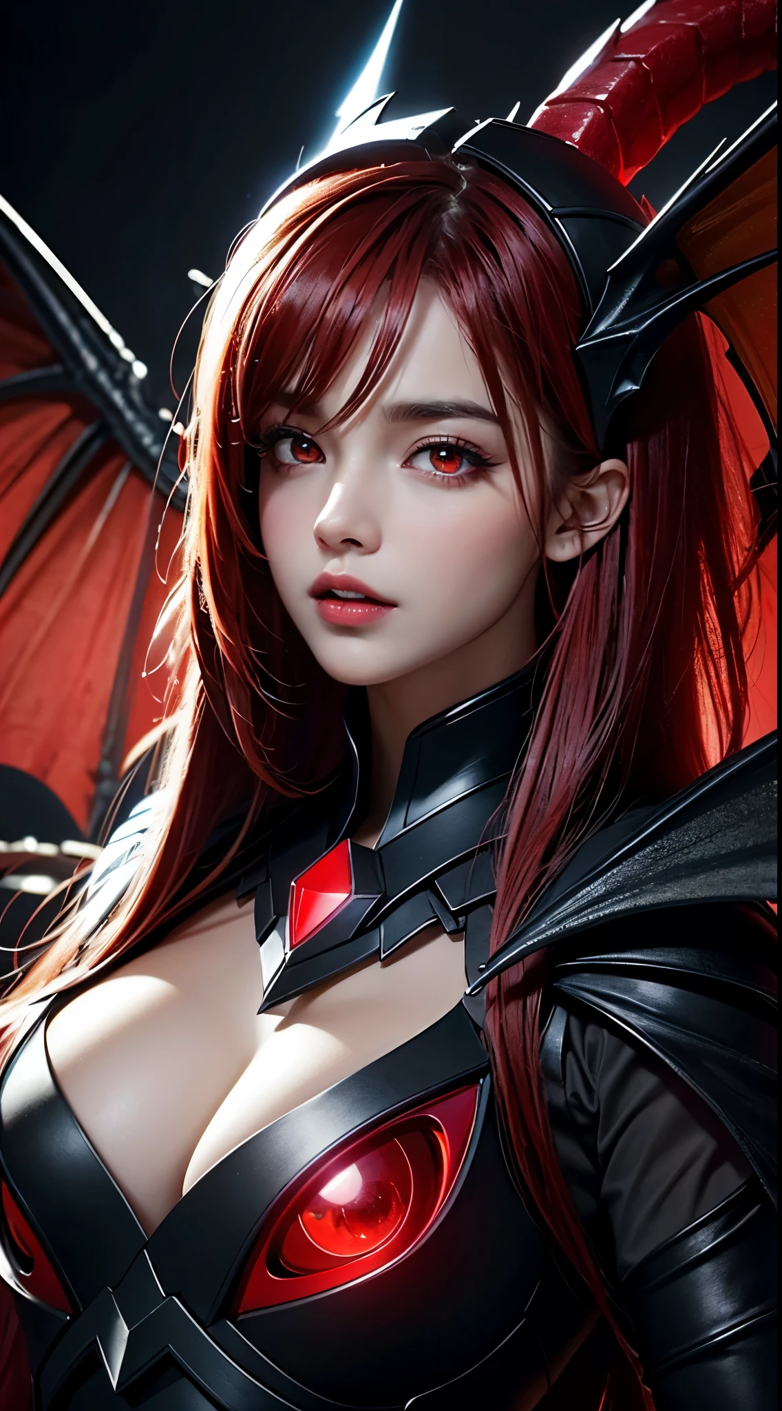 (UHD, retina, masterpiece, accurate, anatomically correct, textured skin, super detail, high details, high quality, best quality, high res, 1080P, HD, 4K, 8k, 16k), (beautiful detailed eyes, beautiful detailed lips, extremely detailed eyes and face), soft lighting, physically-based rendering, vivid colors, (large breasts:1.5), (portrait, shiny hair, shiny skin), eye reflection, (bokeh, dark background), (black color, dragon helmet, dragon wings, dragon tail, fog, spark, red hair:1.5), ((red glowing eyes, parted lips:1.5)),