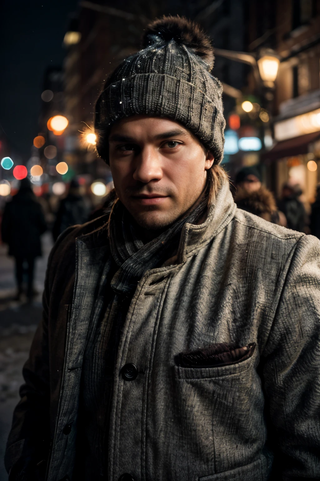 Generate a realistic photograph of Man:: Portrait of a man:: Man is wearing winter hat:: The scene is set in an urban landscape illuminated by Christmas lights with decorated buildings:: Use a medium shot to highlight the subject:: The capture will be done with a DSLR camera for versatility and image quality:: Choose a high-sensitivity film (ISO 800) to achieve sharp results in low-light conditions:: Use a telephoto lens (85mm) to shorten the apparent distance and highlight details:: Side lighting will be employed to create shadows that accentuate textures and add depth.