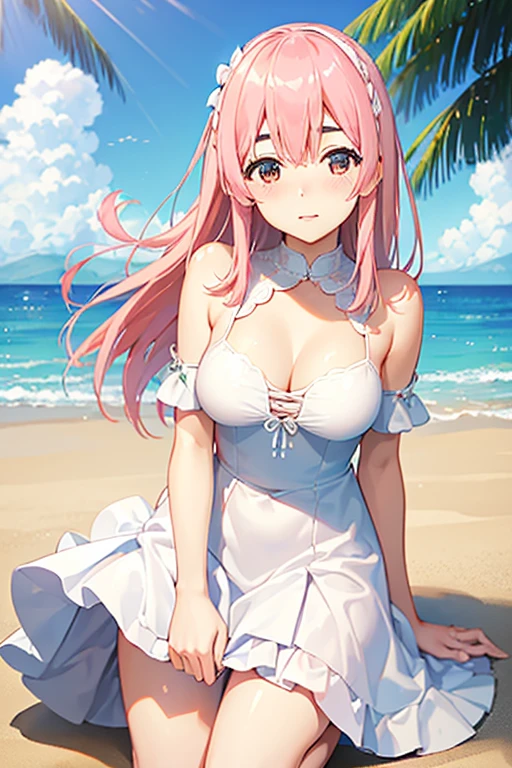 (((perfect pixels, perfect details))), alone, 1 girl, sumi sakurasawa, wedding dress, white dress, looking at viewer, marriage, blushing, embarrassed, dress short wedding dress, short dress, white dress, blush, big breasts, pink hair, beach, sea, sand.