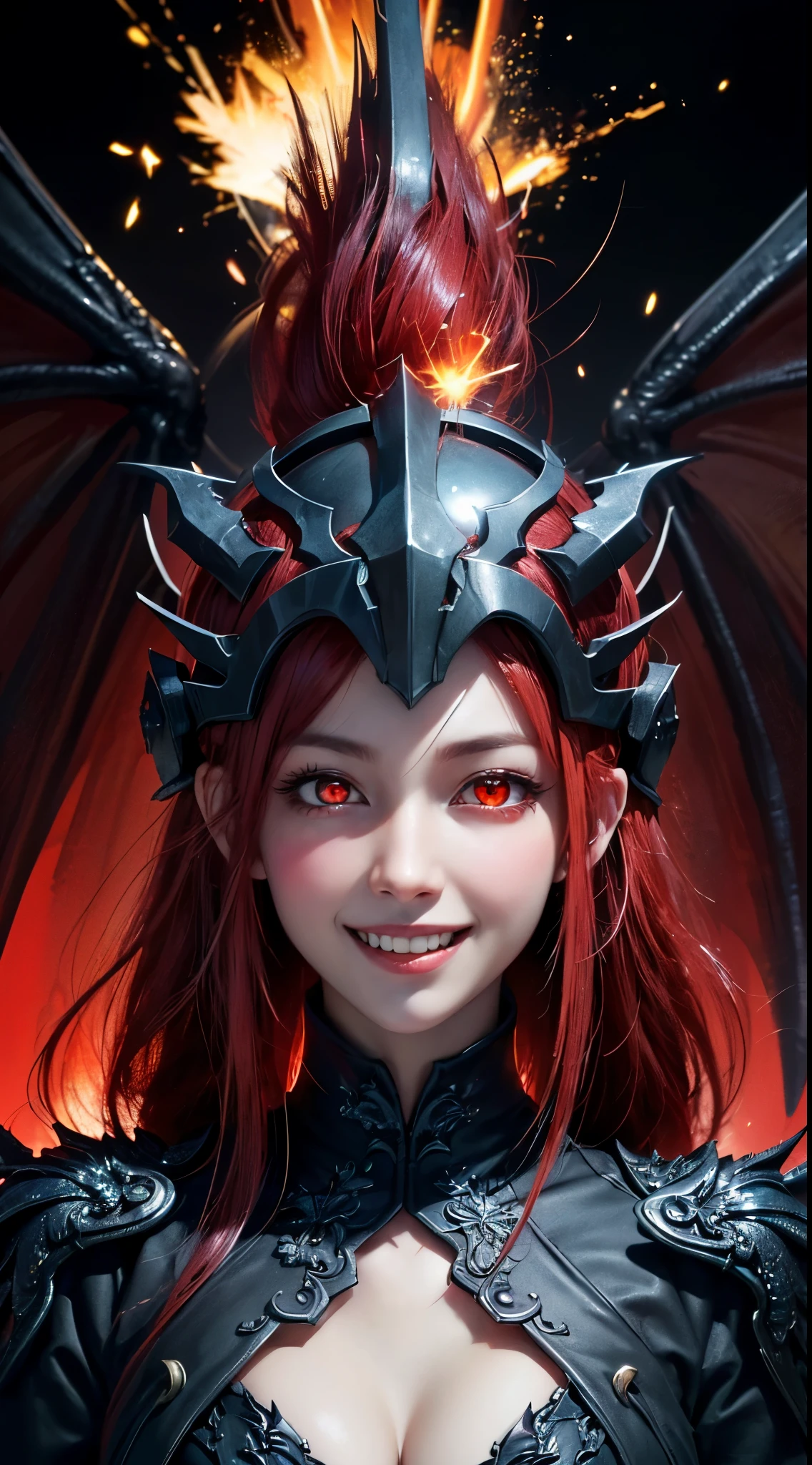 (UHD, retina, masterpiece, accurate, anatomically correct, textured skin, super detail, high details, high quality, best quality, high res, 1080P, HD, 4K, 8k, 16k), (beautiful detailed eyes, beautiful detailed lips, extremely detailed eyes and face), soft lighting, physically-based rendering, vivid colors, (large breasts:1.5), (portrait, shiny hair, shiny skin), eye reflection, (bokeh, dark background), (black color, dragon helmet, dragon wings, dragon tail, red hair:1.5), ((red glowing eyes, smile and laugh, spark:1.5)),