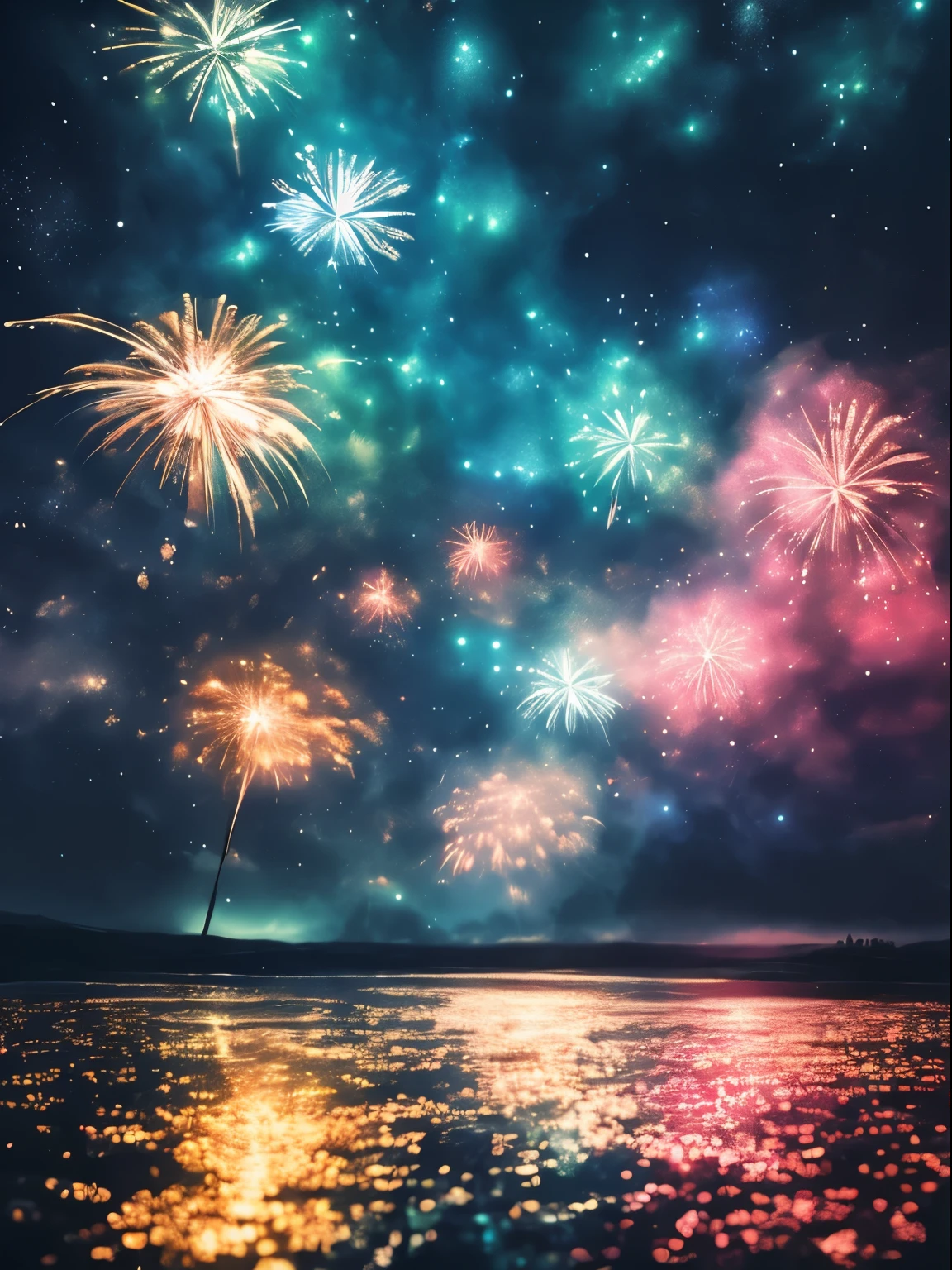 (best quality, master part:1.2), Foco suave, Aquarela gradiente brilhante, Dreamy melancholic beautiful night, Photorealistic Cosmic Sky, artistic, psicodelico, fireworks