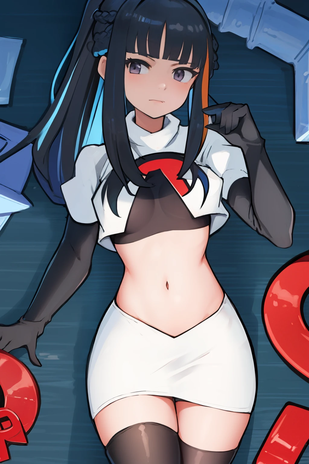 best quality, masterpiece, highres, solo, {tlaloc_fgo:1.15}, bangs, black_hair, blue_hair, multicolored_hair, long_hair, hat, breasts, jewelry, streaked_hair, black_eyes, 1girl, hair_ornament, looking_at_viewer, two-tone_hair, ponytail, makeup, team rocket,team rocket uniform,white skirt,red letter R,crop top,black thigh-highs,black elbow gloves,