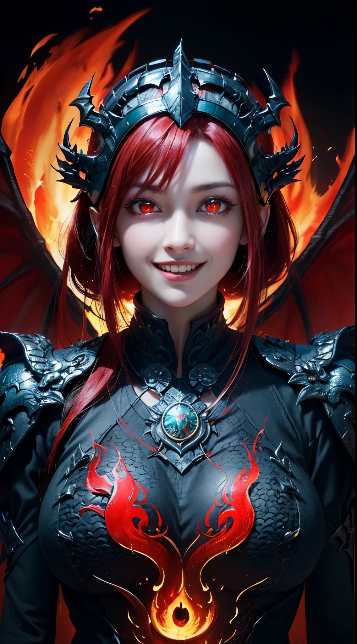 (UHD, retina, masterpiece, accurate, anatomically correct, textured skin, super detail, high details, high quality, best quality, high res, 1080P, HD, 4K, 8k, 16k), (beautiful detailed eyes, beautiful detailed lips, extremely detailed eyes and face), soft lighting, physically-based rendering, vivid colors, (large breasts:1.5), (portrait, shiny hair, shiny skin), eye reflection, (bokeh, dark background), (black color, dragon helmet, dragon wings, dragon tail, red hair:1.5), ((red glowing eyes, smile and laugh, pillar of fire:1.5)),