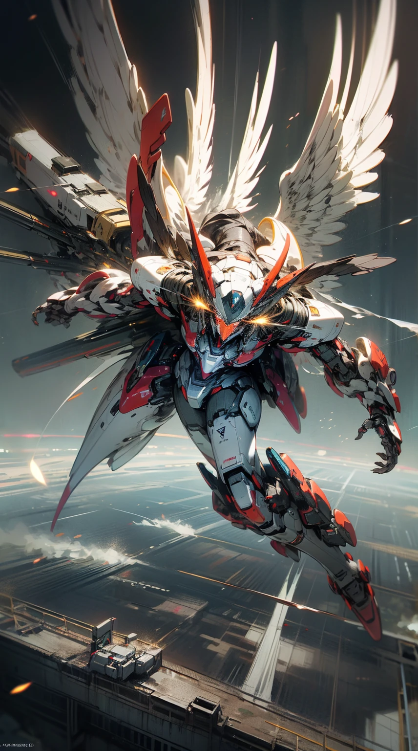 ((Best quality)), ((masterpiece)), (highly detailed:1.3), 3D, beautiful, (cyberpunk:1.2), in space, nebula, holding_weapon, (1Female mecha:1.3), facing the viewer, glowing eyes, full body, (flying, swooping down, dynamic, motion blur: 1.4), (huge mecha wings: 1.6), looking up, glowing_eyes, mecha, panorama, background is earth, nebula, space, particles, reality, HDR (High Dynamic Range), Ray Tracing, NVIDIA RTX, Super Resolution, Unreal 5, Subsurface Scattering, PBR Texturing, Post Processing, Anisotropic Filtering, Depth of Field, Maximum Clarity and Clarity, Multilayer Textures, Albedo and Specular map, Surface shading, accurate simulation of light-material interaction, perfect proportion, Octane Render, two-tone lighting, large aperture, low ISO, white balance, rule of thirds, 8K RAW, efficient sub-pixel, sub-pixel convolution,