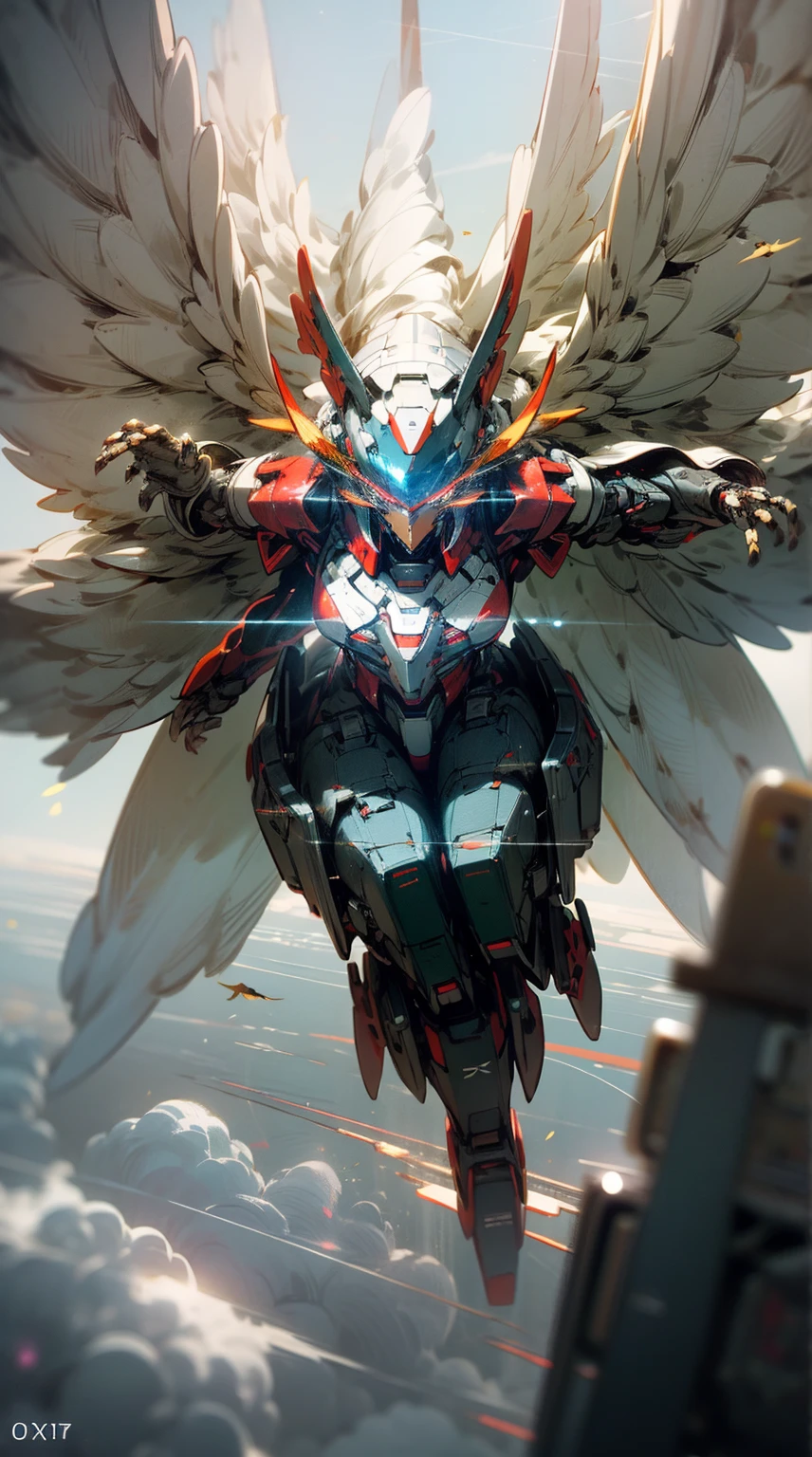 ((Best quality)), ((masterpiece)), (highly detailed:1.3), 3D, beautiful, (cyberpunk:1.2), in space, nebula, holding_weapon, (1Female mecha:1.3), facing the viewer, glowing eyes, full body, (flying, swooping down, dynamic, motion blur: 1.4), (huge mecha wings: 1.6), looking up, glowing_eyes, mecha, panorama, background is earth, nebula, space, particles, reality, HDR (High Dynamic Range), Ray Tracing, NVIDIA RTX, Super Resolution, Unreal 5, Subsurface Scattering, PBR Texturing, Post Processing, Anisotropic Filtering, Depth of Field, Maximum Clarity and Clarity, Multilayer Textures, Albedo and Specular map, Surface shading, accurate simulation of light-material interaction, perfect proportion, Octane Render, two-tone lighting, large aperture, low ISO, white balance, rule of thirds, 8K RAW, efficient sub-pixel, sub-pixel convolution,
