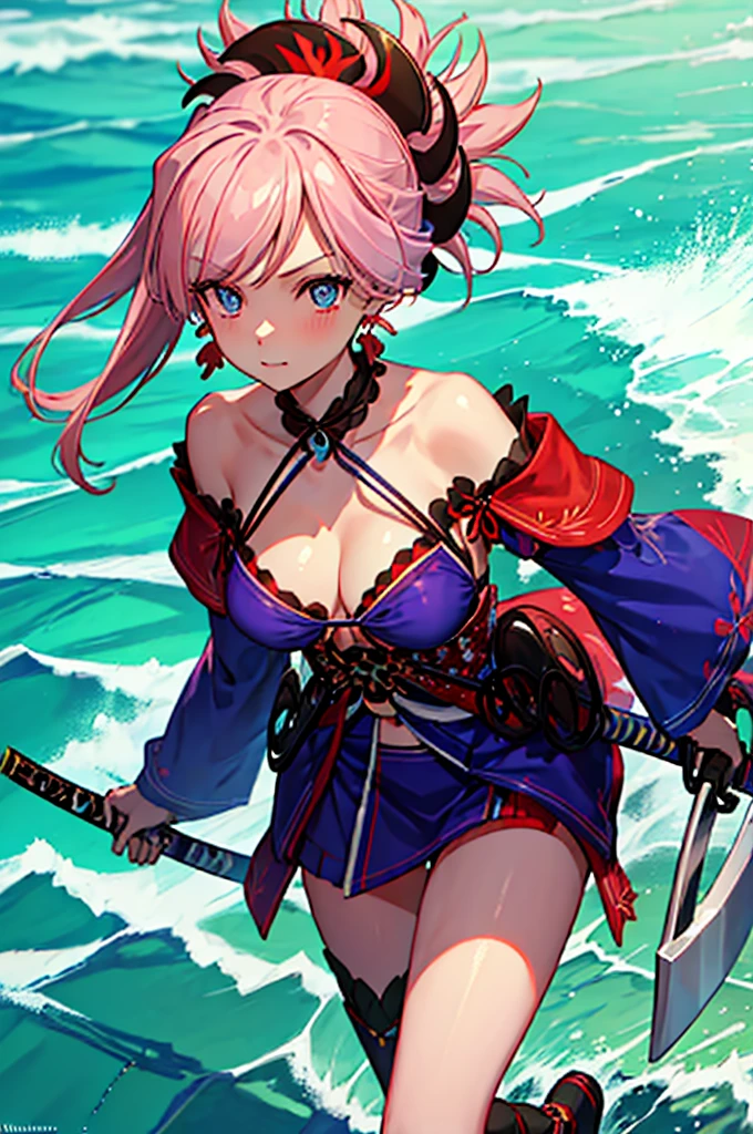 1girl, miyamotomusashi, miyamoto musashi, asymmetrical hair, blue eyes, earrings, hair ornament, pink hair, ponytail, side locks, BREAK bare shoulders, blue bikini, short bikini, OUTDOOR REST , beach, sea, sand, BREAK looking at viewer, BREAK (masterpiece:1.2), best quality, high resolution, unity 8k wallpaper, (illustration:0.8), (beautiful detailed eyes:1.6), extremely detailed face, perfect lighting, extremely detailed CG, (perfect hands, perfect anatomy),