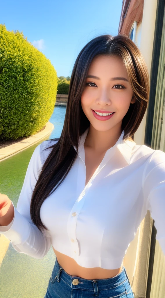 ((Best Quality, 8K, Masterpiece: 1.3)), Sharp Focus: 1.2, A Beautiful Woman with Perfect Figure: 1.4, Slim Abs: 1.2, (Layered Hairstyle,: 1.2)), (Wet White Button Long Shirt: 1.3), Rain: 1.3, Street: 1.2, Wet Body: 1.1, Highly Detailed Face and Skin Texture, Detailed Eyes, Double Eyelids, Big Breasts, Smile,