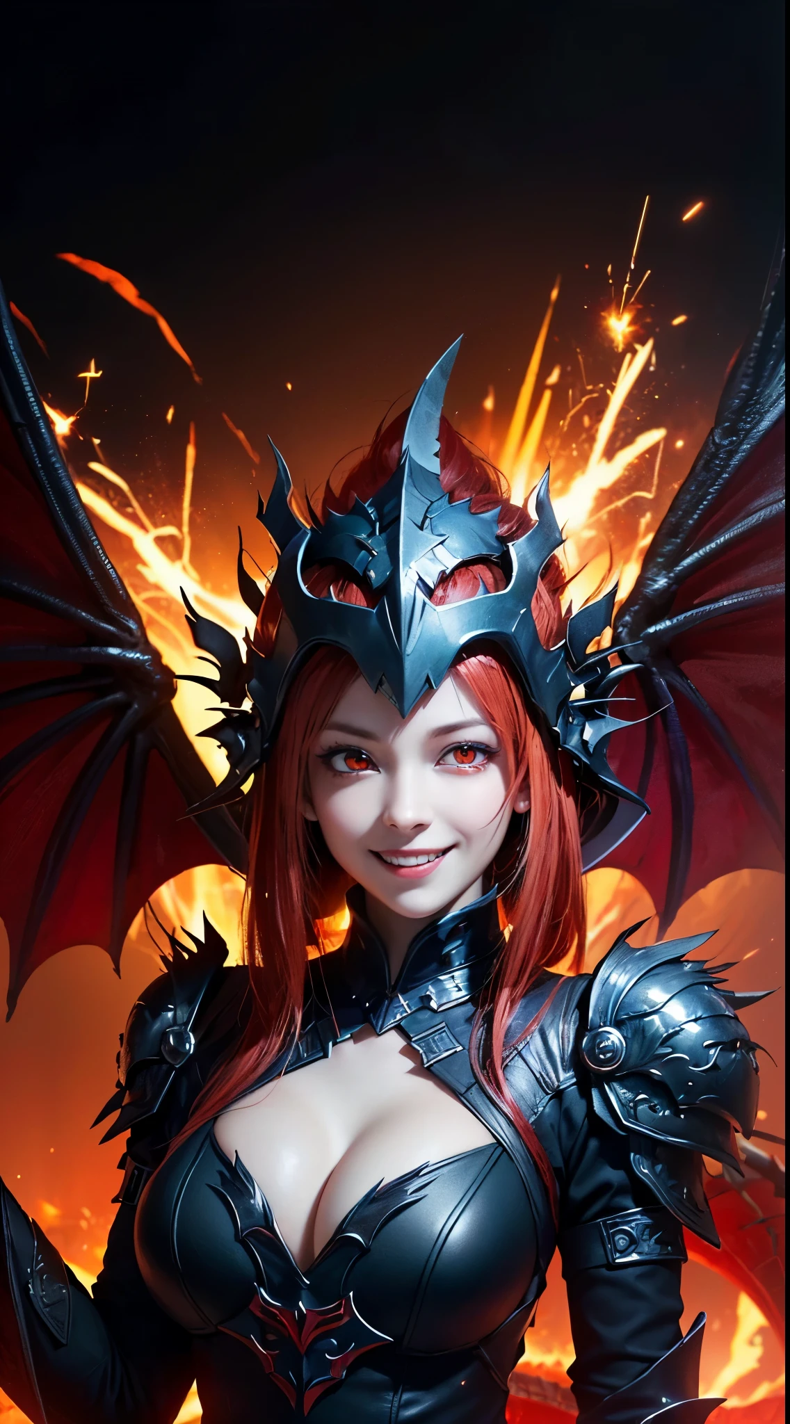 (UHD, retina, masterpiece, accurate, anatomically correct, textured skin, super detail, high details, high quality, best quality, high res, 1080P, HD, 4K, 8k, 16k), (beautiful detailed eyes, beautiful detailed lips, extremely detailed eyes and face), soft lighting, physically-based rendering, vivid colors, (large breasts:1.5), (portrait, shiny hair, shiny skin), eye reflection, (bokeh, dark background), (black color, dragon helmet, dragon wings, dragon tail, red hair:1.5), ((red glowing eyes, smile and laugh, spark, pillar of fire:1.5)),