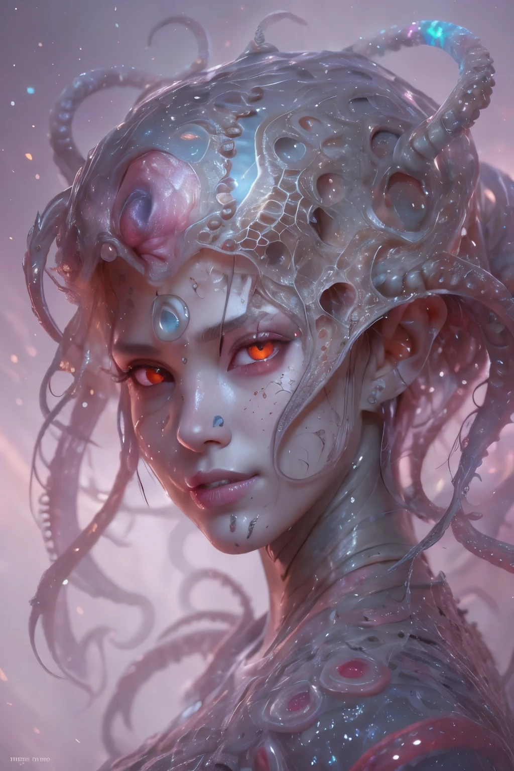 Portrait, (beautiful female alien:1.2),  (she has red eyes with no pupils:1.8), (Translucent skin:1.7),  (There is a female genital-like organ in the middle of the forehead:1.9), (The most beautiful face in the history of the universe:1.2),an evil gaze that seduces, (large mouth:1.1), (sharp teeth like a vampire:1.2), Full body like, (bio luminescent:1.5), (Smile wickedly:1.3),  (sexypose:1.5), alien, No humans, cells are fused, (Lots of translucent tentacles:1.3) extraterrestrial, cell, bio image, Best Quality, 8K,4K_quality, High Definition, Dramatic Lighting, masutepiece:1.5,cinematic quality, detail up, (Intricate details:1.2), High resolution, High Definition, drawing faithfully, (Thick eyebrows:1.2), Beautiful eyes with fine symmetry,(Highly detailed face and eyes:1.2), Intimate face, (Super detailed skin quality feeling:1.4), Perfect Anatomy,  (Beautiful toned body:1.5),  (Moist skin:1.2), No makeup, (dark circles:1.1), long canines, cinematic drawing of characters, ultra high quality model, cinematic quality, detail up, (Intricate details:1.2), High resolution, High Definition, drawing faithfully, Official art, Unity 8K wall  , 8K Portrait, Best Quality, Very High resolution, ultra detailed artistic photography, midnight aura,  unreal enginee 5, Ultra Sharp Focus, art by alberto seveso, ArtGerm, Roisch, intricate artwork, best quality, masutepiece, ultra High resolution, (photos realistic:1.4), Ultra-realistic realism, dream-like,  nautilus, Creation of fantasy, Snail, Dream Snail,  biopunk nautilus, Thrilling color schemes， Ultra-realistic realism， seductively smiling, Blue tentacles,