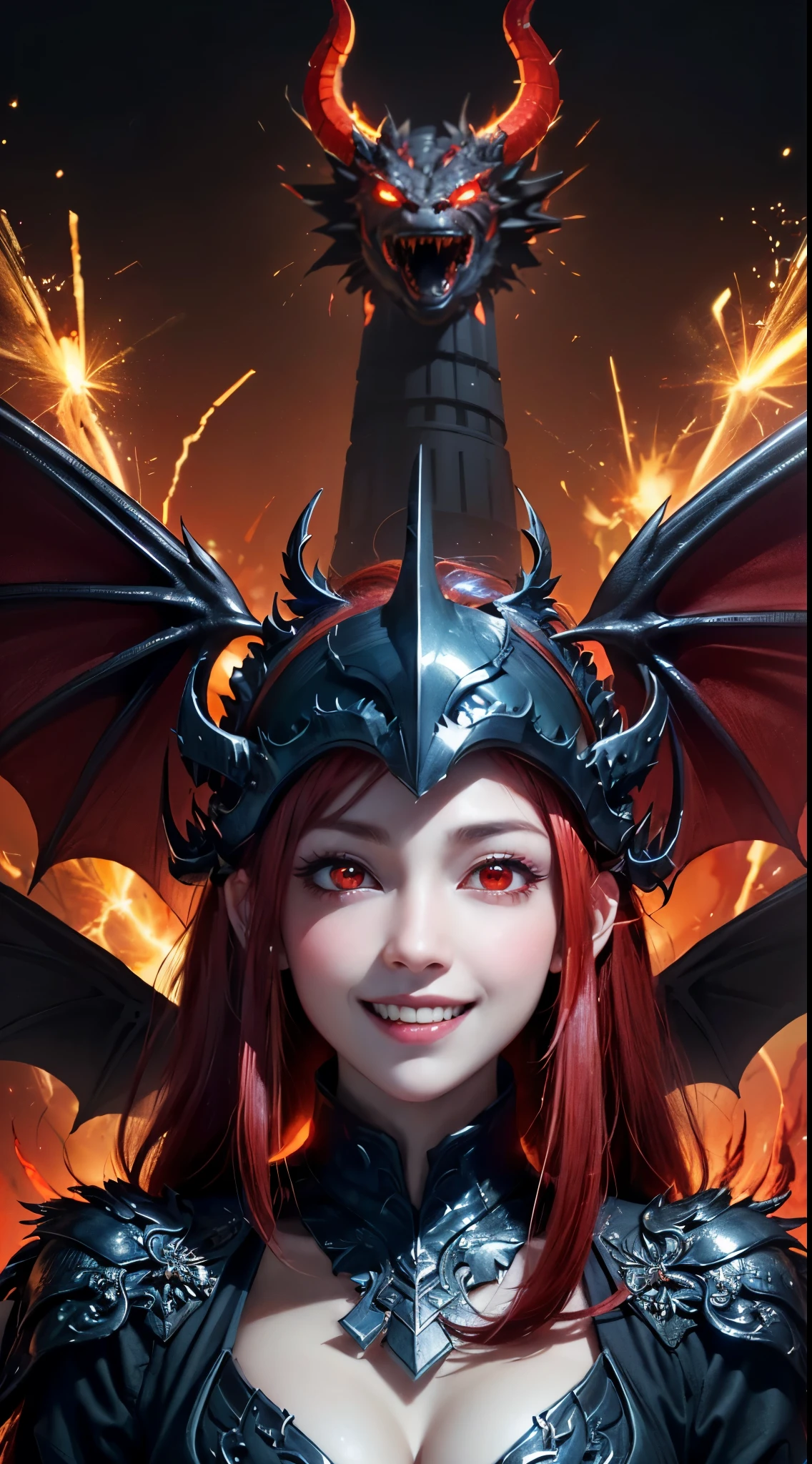(UHD, retina, masterpiece, accurate, anatomically correct, textured skin, super detail, high details, high quality, best quality, high res, 1080P, HD, 4K, 8k, 16k), (beautiful detailed eyes, beautiful detailed lips, extremely detailed eyes and face), soft lighting, physically-based rendering, vivid colors, (large breasts:1.5), (portrait, shiny hair, shiny skin), eye reflection, (bokeh, dark background), (black color, dragon helmet, dragon wings, dragon tail, red hair:1.5), ((red glowing eyes, smile and laugh, spark, pillar of fire:1.5)),