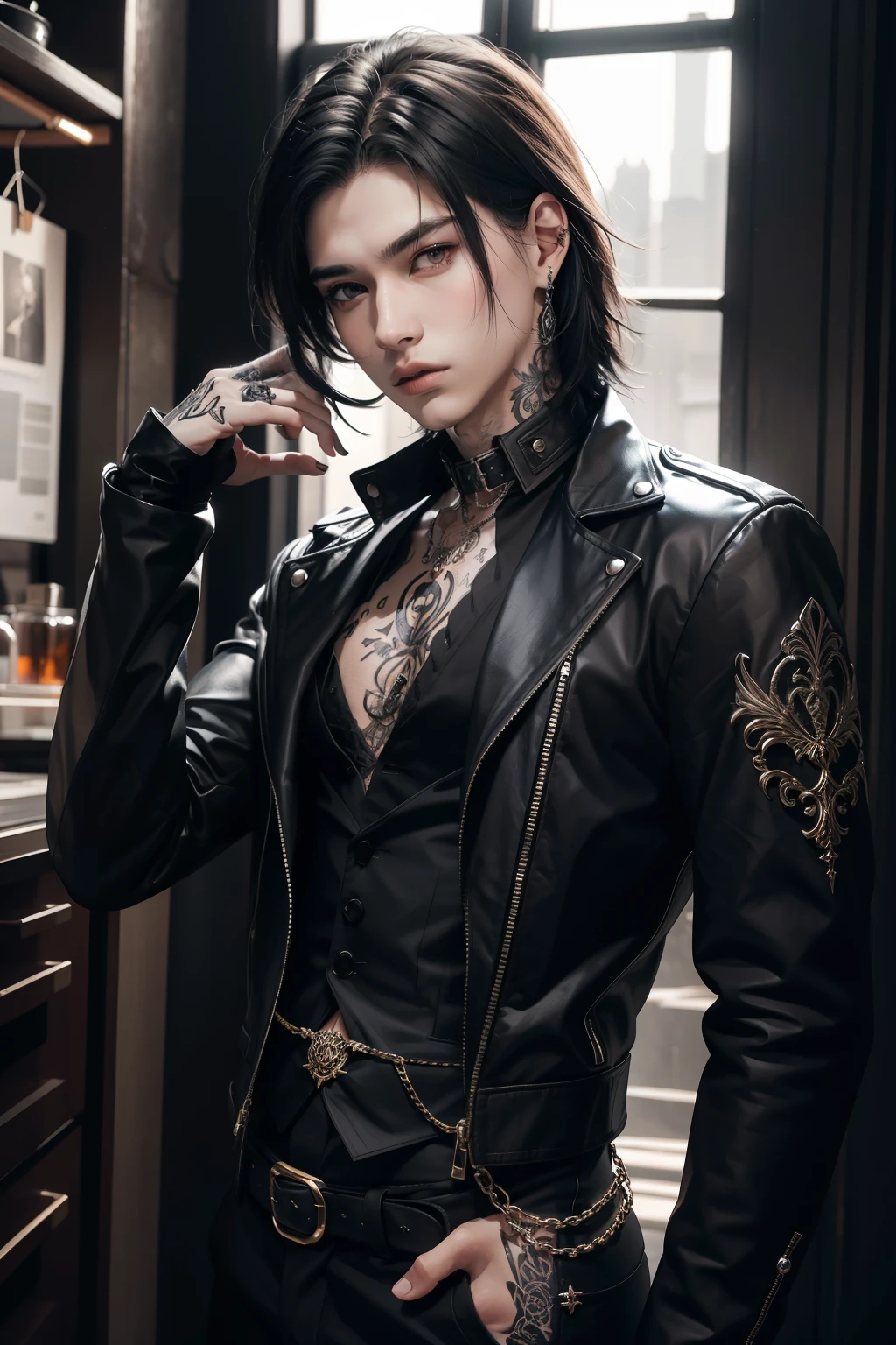 Handsome man, 18 years old, kei visual style, tattoos, gothic clothing, male, rock style, hair, halfbody