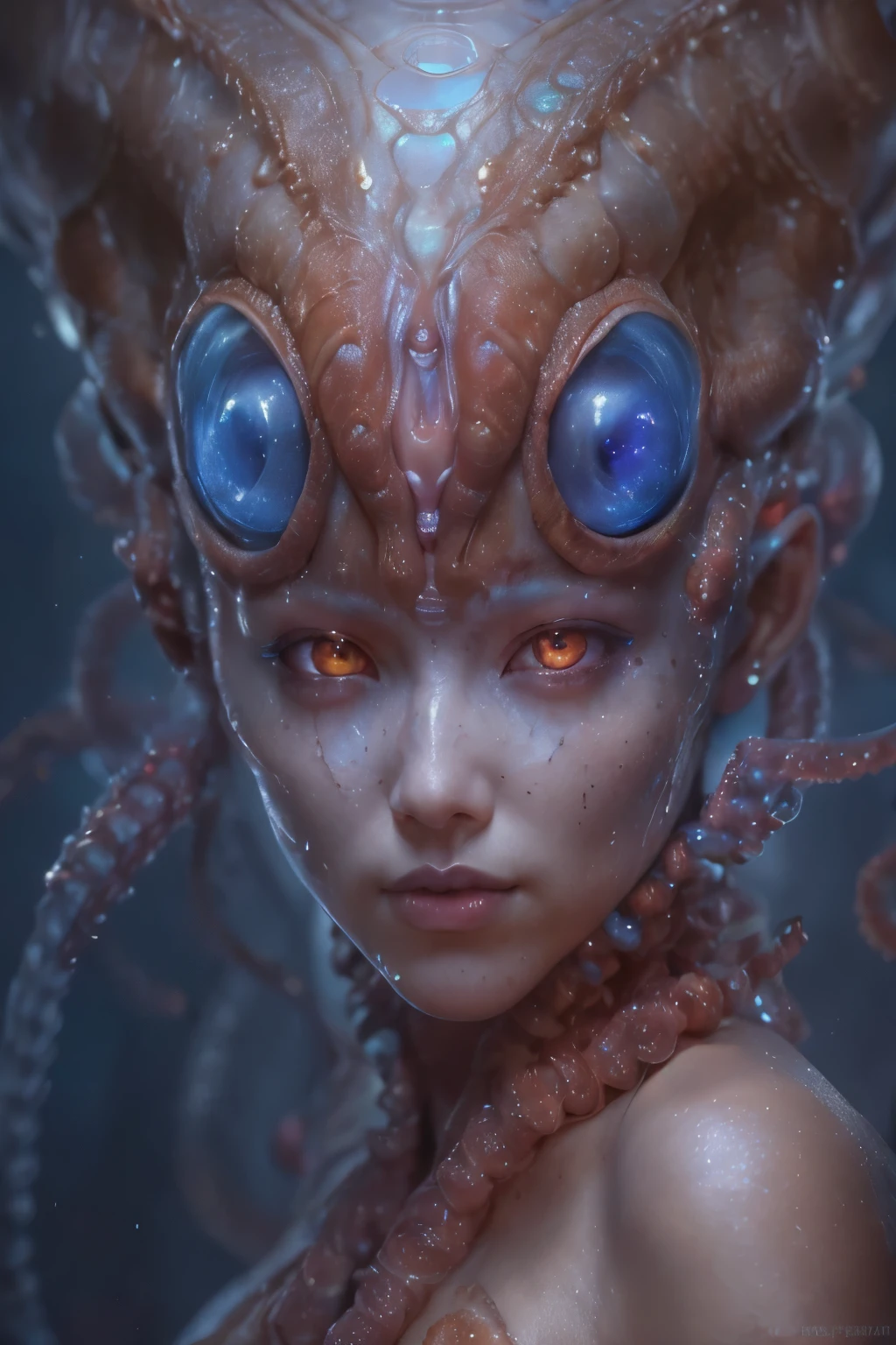 Portrait, (beautiful female alien:1.2), (she has red eyes with no pupils:1.8), (Translucent skin:1.7), (There is a female genital-like organ in the middle of the forehead:1.9), (The most beautiful face in the history of the universe:1.2),an evil gaze that seduces, (large mouth:1.1), (sharp teeth like a vampire:1.2), Full body like, (bio luminescent:1.5), (Smile wickedly:1.3), (sexypose:1.5), alien, No humans, cells are fused, (Lots of translucent tentacles:1.3) extraterrestrial, cell, bio image, Best Quality, 8K,4K_quality, High Definition, Dramatic Lighting, masutepiece:1.5,cinematic quality, detail up, (Intricate details:1.2), High resolution, High Definition, drawing faithfully, (Thick eyebrows:1.2), Beautiful eyes with fine symmetry,(Highly detailed face and eyes:1.2), Intimate face, (Super detailed skin quality feeling:1.4), Perfect Anatomy, (Beautiful toned body:1.5), (Moist skin:1.2), No makeup, (dark circles:1.1), long canines, cinematic drawing of characters, ultra high quality model, cinematic quality, detail up, (Intricate details:1.2), High resolution, High Definition, drawing faithfully, Official art, Unity 8K wall , 8K Portrait, Best Quality, Very High resolution, ultra detailed artistic photography, midnight aura, unreal enginee 5, Ultra Sharp Focus, art by alberto seveso, ArtGerm, Roisch, intricate artwork, best quality, masutepiece, ultra High resolution, (photos realistic:1.4), Ultra-realistic realism, dream-like, nautilus, Creation of fantasy, Snail, Dream Snail, biopunk nautilus, Thrilling color schemes, Ultra-realistic realism, seductively smiling, Blue tentacles,