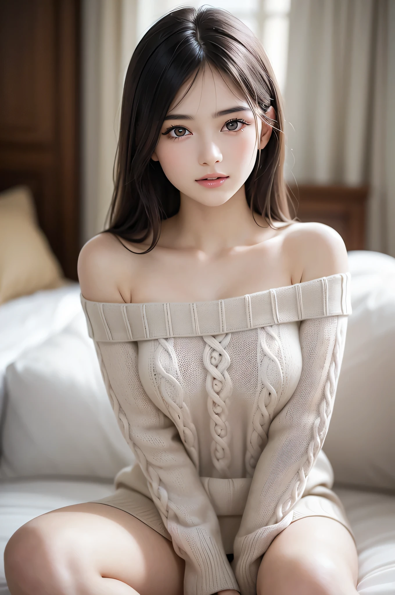 Air bangs, ung girls, (extremely detailed beautiful face), Amazing face and eyes, petal, Very beautiful, In full bloom, With a bright future, Carefree, Calm, Harmonious, with a bright smile, Bold, drooping, Generous, (Off-shoulder Sweaters with wide open chest:1.3), (Beautiful breasts), (Best Quality:1.4), (Ultra-detailed), (A hyper-realistic, Photorealsitic:1.37), Beautiful fair skin, extremely detailed CG unified 8k wallpaper, RAW Photos, professional photograpy, Cinematic lighting, Sitting, spread your legs wide, (Naked_Sweaters:1.45), Bedroom, (Beautiful Floral Wallpapers), ((Moody lighting)), Dazzling lighting,