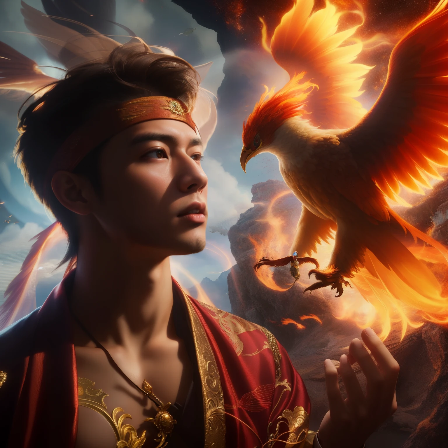 ((Perfectly insane textured)), ((Perfect proportional object arcithecture)), ((Perfect photo)), ((Super ekstremely detiled)), ((best quality)), ((masterpiece)), (bright face), arafed man with a bird on his head and a smokey background, ross tran and michael whelan, phoenix warrior, marco the phoenix, ross tran and bayard wu, inspired by Rudy Siswanto, ross tran 8 k, edgar maxence and ross tran, phoenix rising, wlop and ross tran, fiery bird, phoenix-inspired
