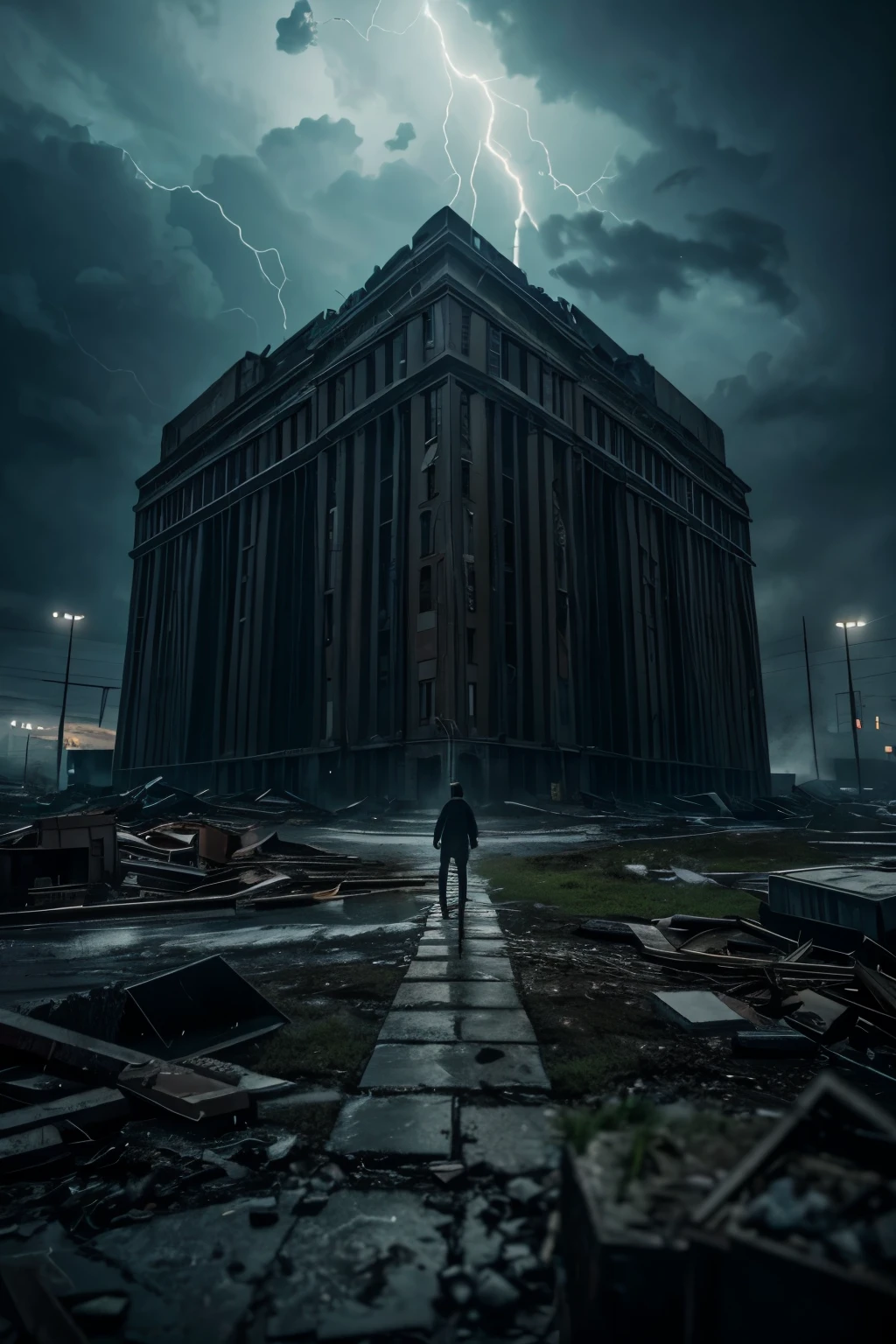 A dramatic attack on the titan anime landscape,Happened on a stormy night on the outskirts of the city. Lightning illuminates the scene,rain pours down, Reveal the massive titan lurking in the dilapidated building. The environment is eerie and haunting, Broken windows,Debris scattered everywhere. The mood is one of fear and isolation, evoke a sense of imminent danger. The style is a dark and moody 3D rendering, Use atmospheric effects to enhance the atmosphere of wind and rain