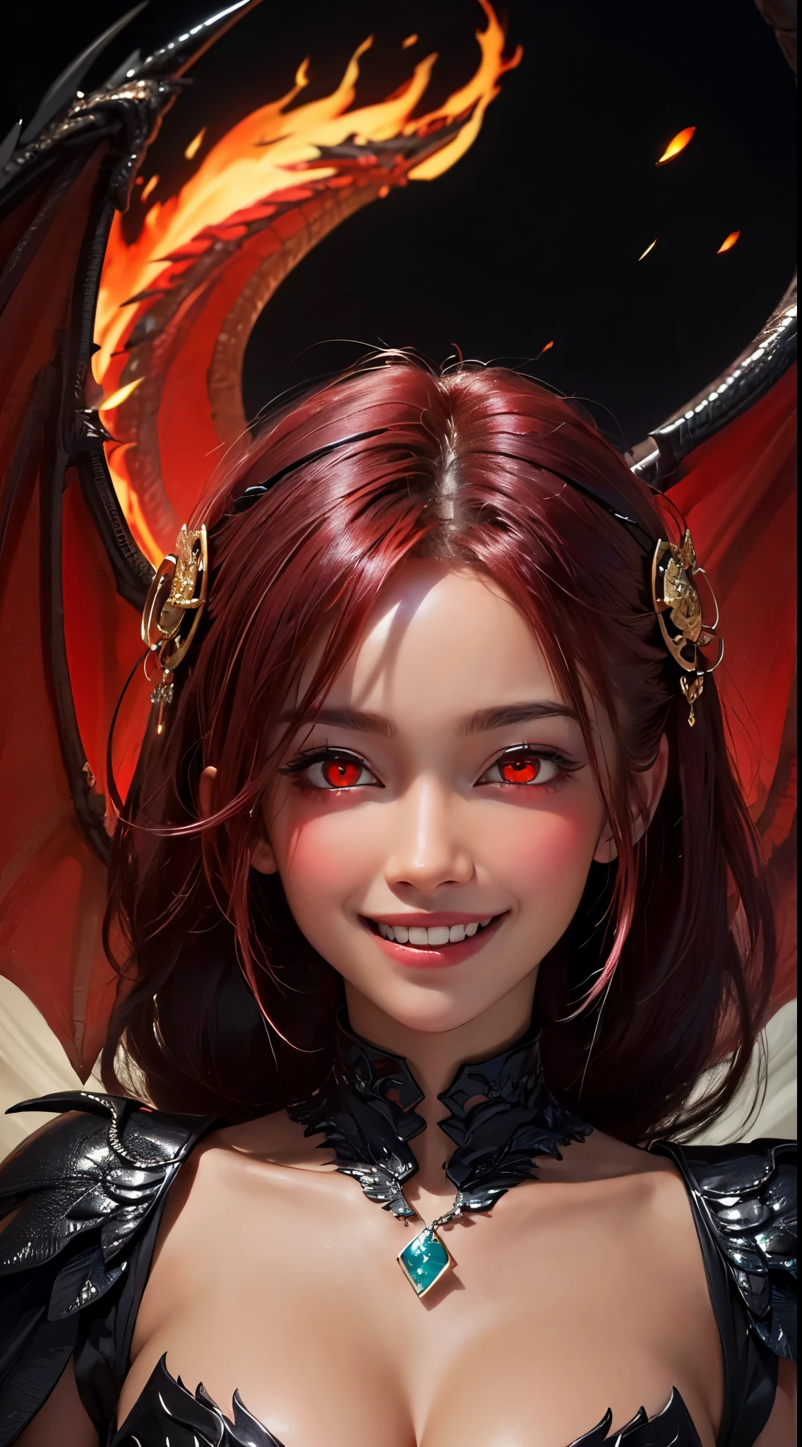(UHD, retina, masterpiece, accurate, anatomically correct, textured skin, super detail, high details, high quality, best quality, high res, 1080P, HD, 4K, 8k, 16k), (beautiful detailed eyes, beautiful detailed lips, extremely detailed eyes and face), soft lighting, physically-based rendering, vivid colors, (large breasts:1.5), (portrait, shiny hair, shiny skin), eye reflection, (bokeh, dark background), (black color, dragon hair ornament, dragon wings, dragon tail, red hair:1.5), ((red glowing eyes, smile and laugh, tanned skin, eruption:1.5)),