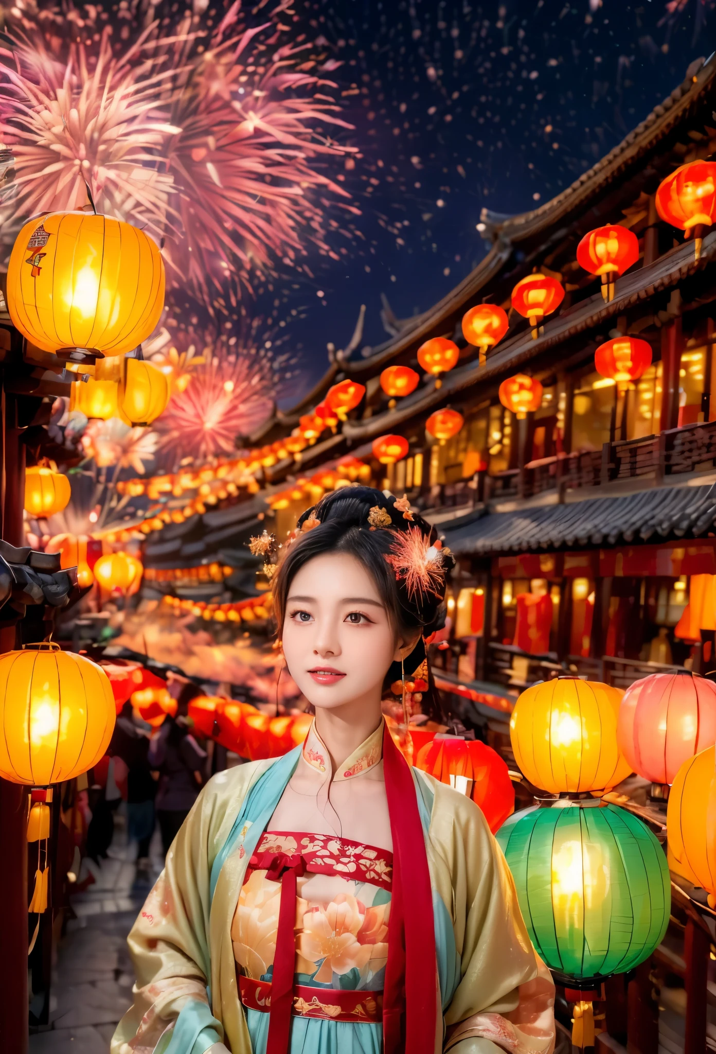 (Faraway view:1.9),The beautiful(Shanghai Yu Garden)Celebrate New Year's Day New Year's Countdown,new year 2024,(fireworks in the night sky:1.8),(((Hanging with many colorful arowana lanterns and decorations))),((Gorgeous Yu Garden)),((Fireworks bloom)),Beautiful reflection of fireworks and lanterns,a joyful atmosphere,((韩国女孩在Shanghai Yu Garden灯会展示她最美的红色汉服时尚舞蹈)),(pedestrians),Psychedelic stage,Ethereal atmosphere, (Anatomically correct, Delicate face makeup , pretty face, The face shape is perfectly proportioned),(Advanced facial details:1.1)A collection of shiny red luxury Hanfu dresses,Gorgeous Hanfu costumes and Hanfu beauties,真实感,Amazing Cleavage, 电影灯光, Sony FE , wide angles, first person perspective, 8K, hyper HD, tmasterpiece, acurate, ctextured skin, high detal, Best quality at best, Award-Awarded,Shoot from a distance,Sense of distance, hanfu,nsfw