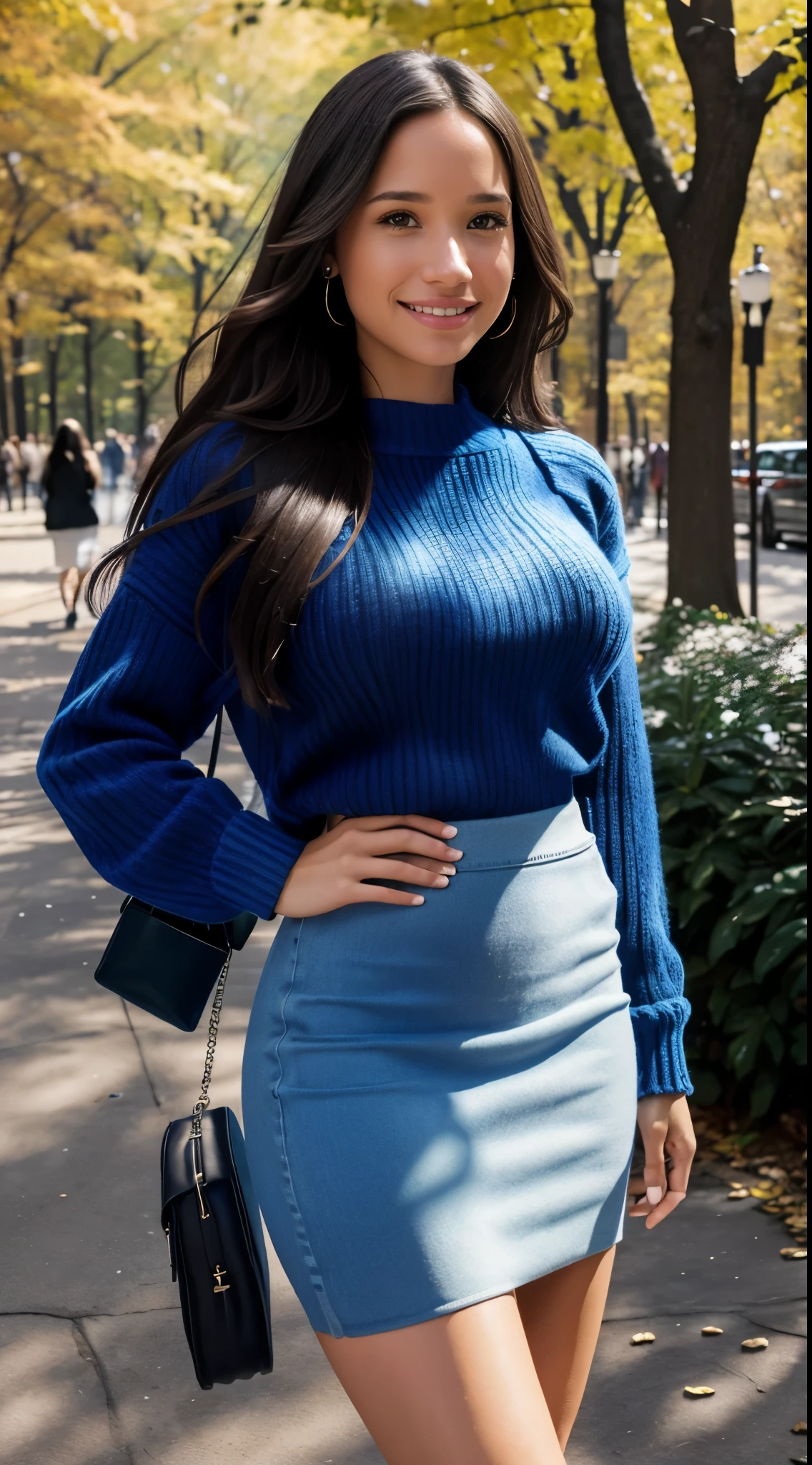 Foto hiperrealista en primer plano de Kelsey Asbille (native American), masterpiece, best quality, (photorealistic:1.4), full body,  (blue sweater:1.2) and (blue midi midi pencil skirt:1.2), bare legs, New York Central Park, cinematic light, beautiful woman, skinny, large big breasts, black long hair, detailed face, smile, facing the camera, photo taken from a distance, age of 25 years old