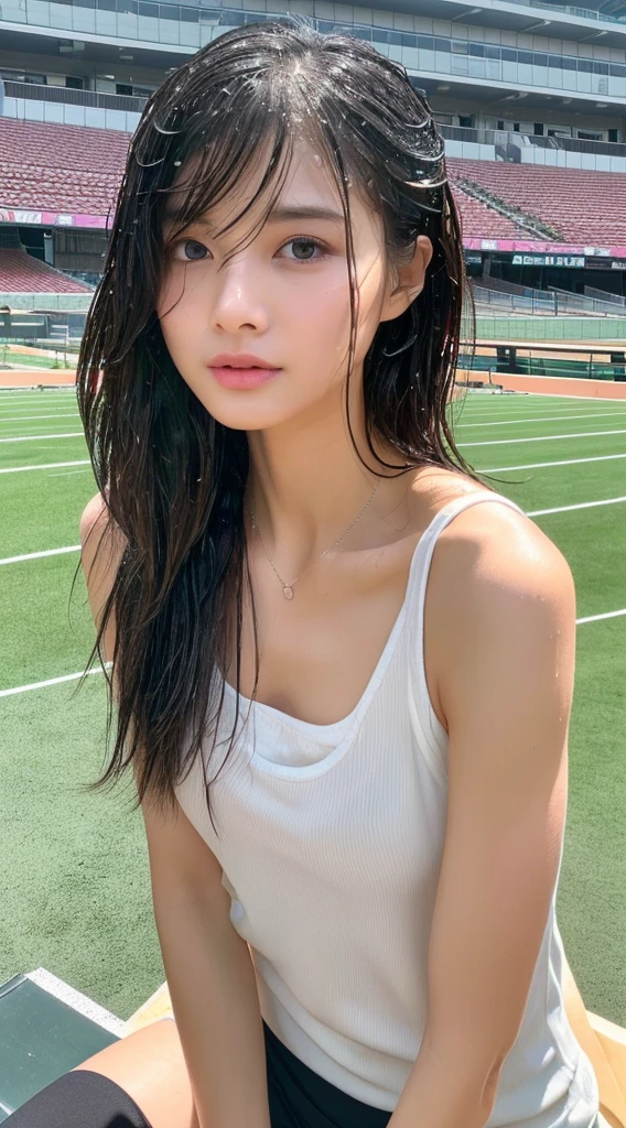 (超High resolution, masterpiece, Anatomically correct, Textured skin, Super Detail, Highest quality, High resolution, 8k, bloom, Front light:1.2, Perfect dynamic composition), (24-years-old, 1 person, Cute and sexy athlete), (Sexy Face, Long face, Big eyes, Gentle eyelids, Thin eyebrows, Gentle corner of the eye, Hawk-like nose), (Gal Makeup), (eyeliner), (Totally captivates you), (Eyes that feel erotic), (A taste of beautiful eroticism), (Too cute beauty), (Captivating smile:1.0), ((Dark Brown Hair:1.3)), (Long Hair, Curly Hair, bangs, Smooth Hair), (Sports tank top:1.3), (Running bikini:1.2), ), ((Athletics Stadium)), ((track course)), blue sky, sunlight, cloud, Audience seats, ((close:1.3)), ((Bird's Eye View:1.3)), ((Looking into the camera)),((Athletic build:1.3)), ((Abdominal muscles:1.3)), ((Ample breasts:1.3)), ((Cleavage))
