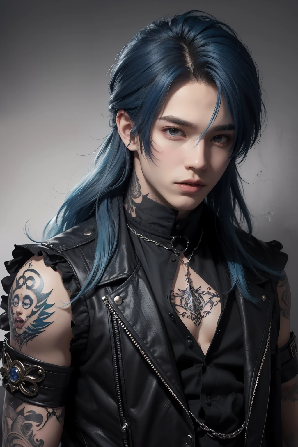 Handsome man, 18 years old, kei visual style, tattoos, gothic clothing, male, rock style, blue hair, halfbody